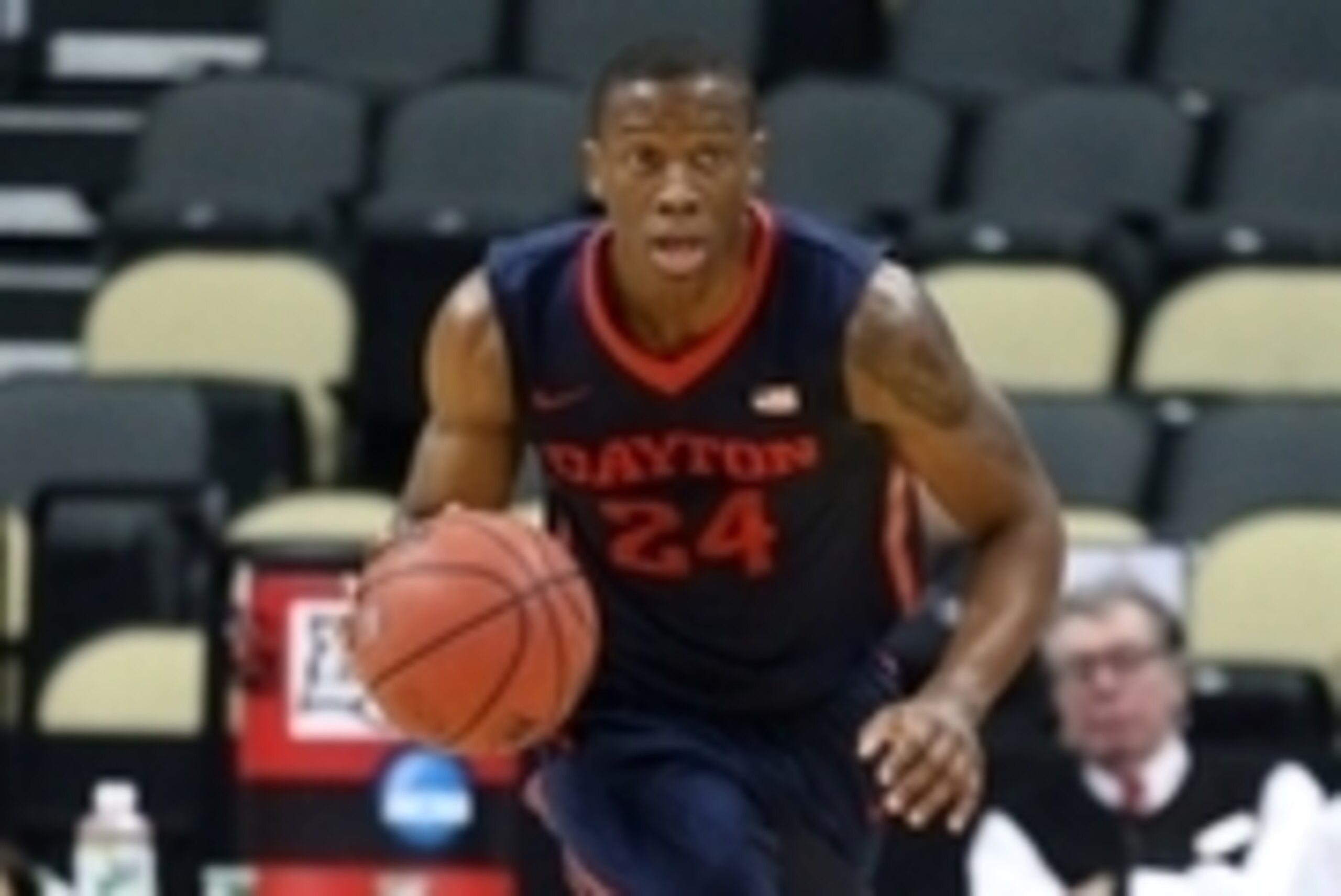Feb 21, 2015; Pittsburgh, PA, USA; Dayton Flyers guard Jordan Sibert (24) brings the ball up the court against the Duquesne Dukes during the second half at the CONSOL Energy Center. Duquesne won 83-73. Mandatory Credit: Charles LeClaire-USA TODAY Sports