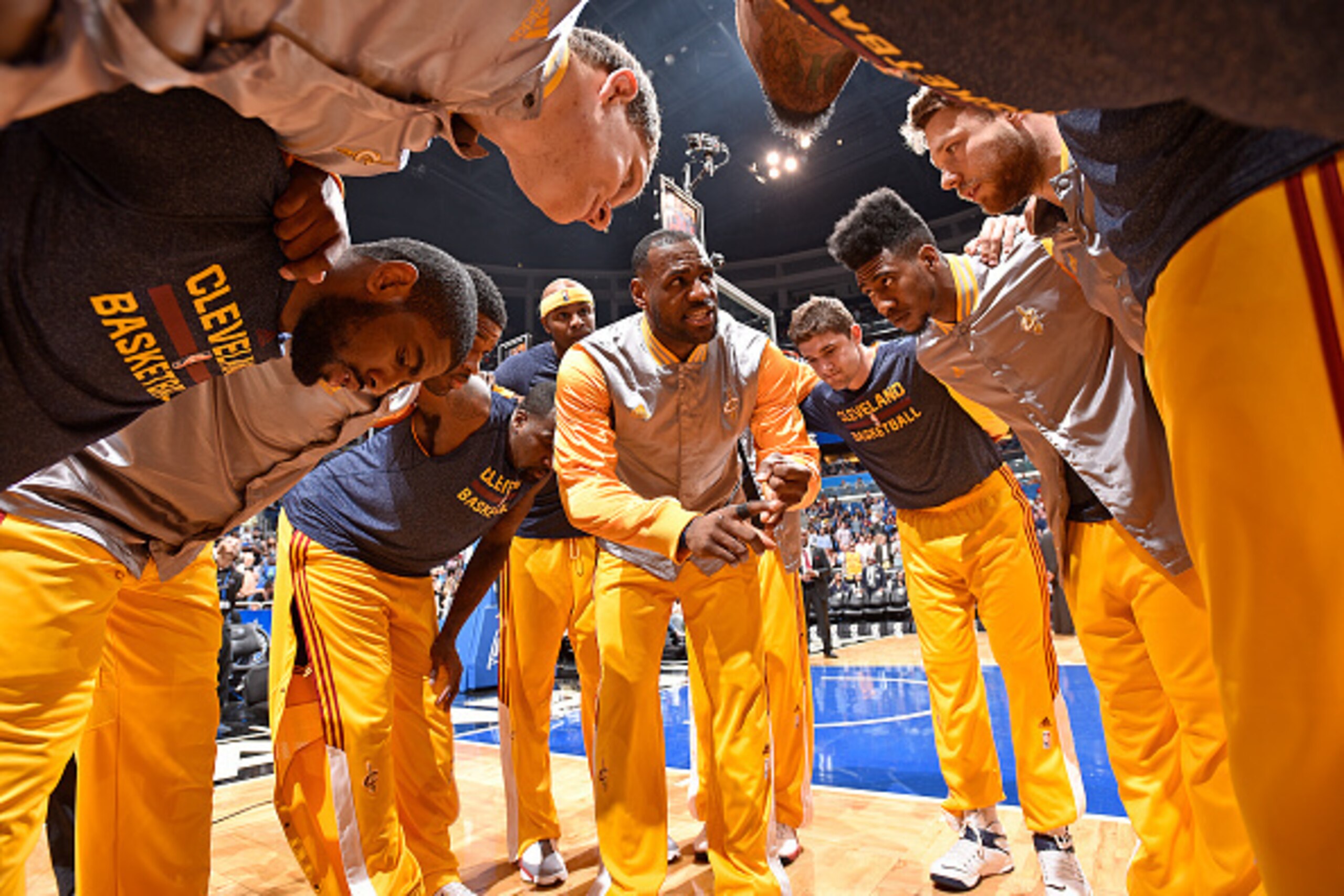 ORLANDO, FL - MARCH 15:  LeBron James #23 of the Cleveland Cavaliers and his teammates huddle before the game against the Orlando Magic on March 15, 2015 at Amway Center in Orlando, Florida. NOTE TO USER: User expressly acknowledges and agrees that, by do