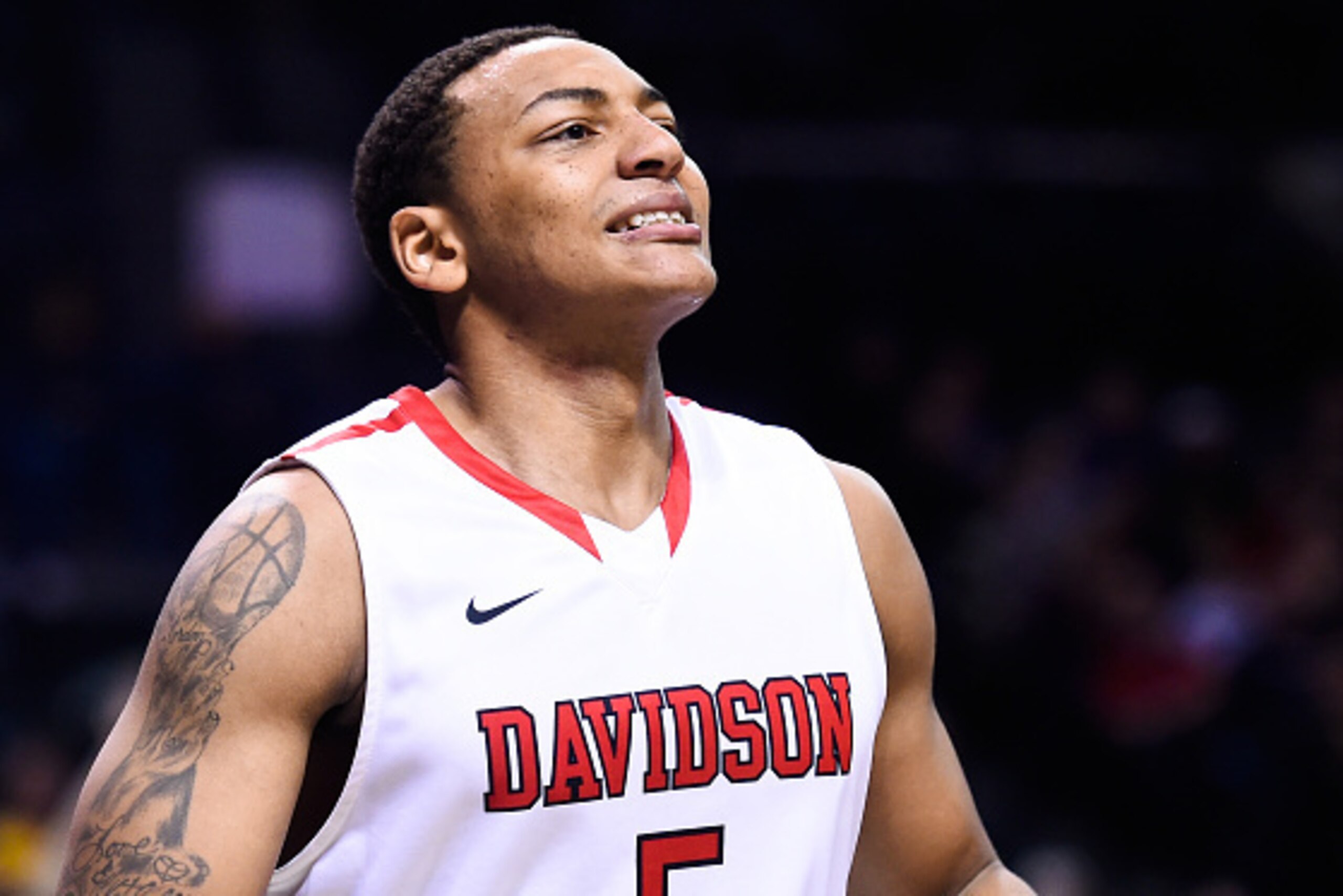NEW YORK, NY - MARCH 14:  Jordan Barham #5 of the Davidson Wildcats reacts to a foul during a semifinal game against the Virginia Commonwealth Rams in the 2015 Men's Atlantic 10 Basketball Tournament at the Barclays Center on March 14, 2015 in the Brookly