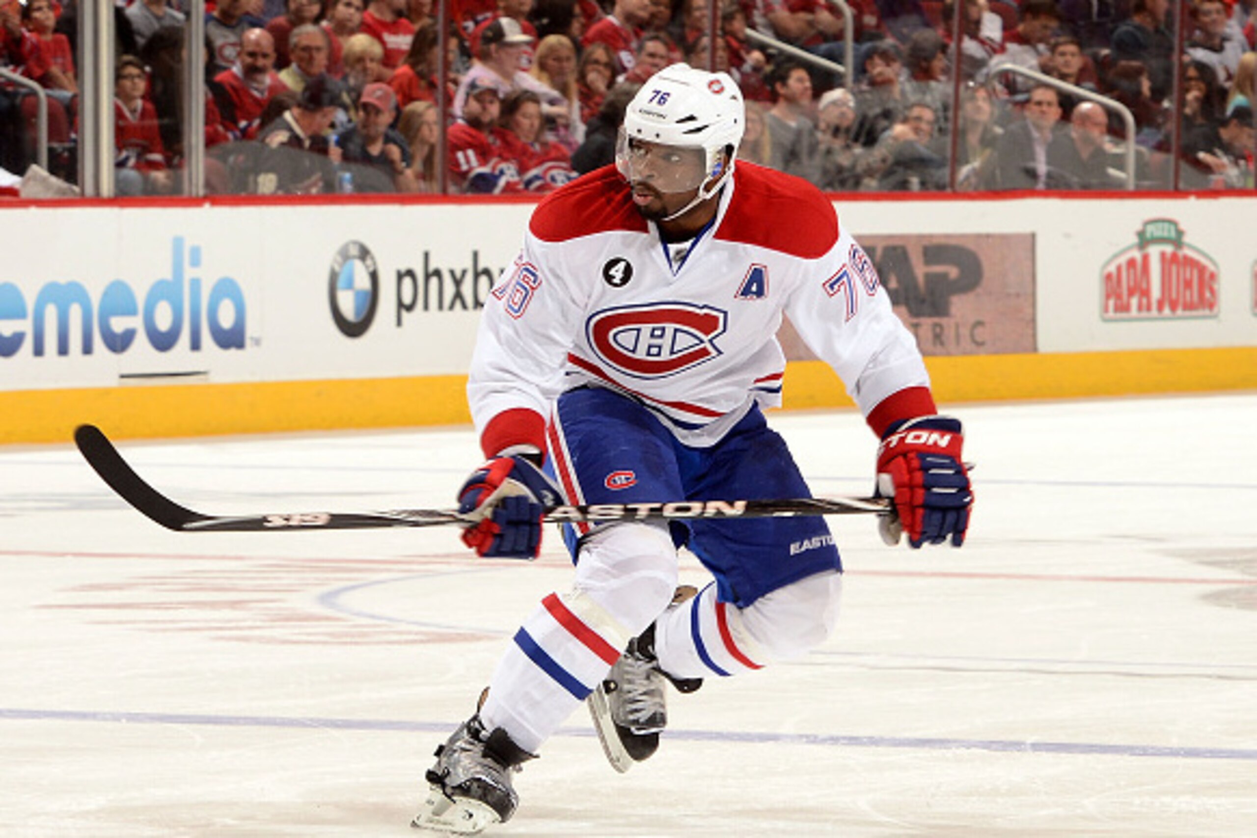 GLENDALE, AZ - MARCH 07:  PK Subban #76 the Montreal Canadiens skates up ice against the Arizona Coyotes at Gila River Arena on March 7, 2015 in Glendale, Arizona.  (Photo by Norm Hall/NHLI via Getty Images)