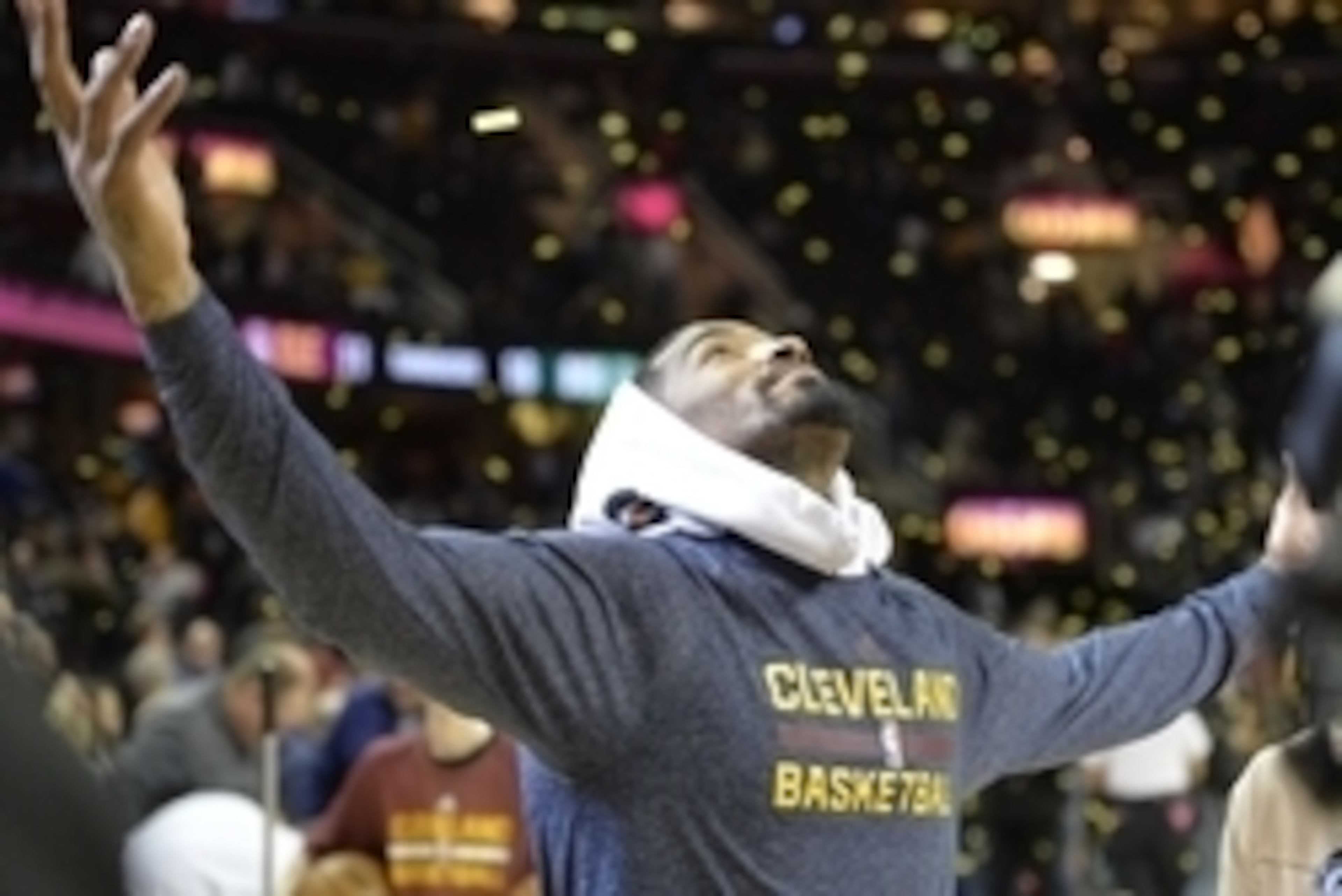 Mar 3, 2015; Cleveland, OH, USA; Cleveland Cavaliers guard J.R. Smith (5) reacts after a 110-79 win over the Boston Celtics at Quicken Loans Arena. Mandatory Credit: David Richard-USA TODAY Sports