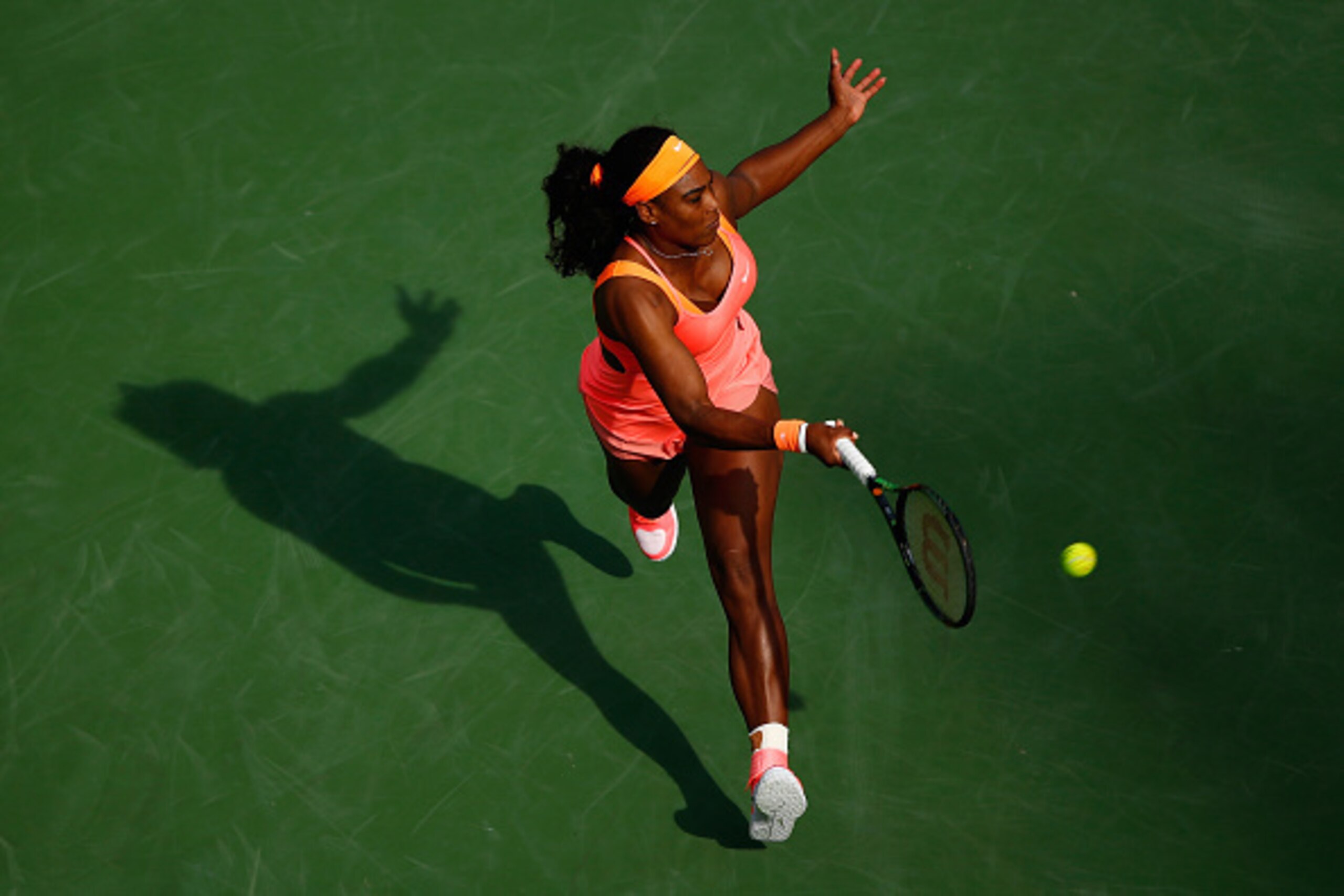 INDIAN WELLS, CA - MARCH 15:  Serena Williams of USA in action against Zarina Diyas of Kazakhstan during day seven of the BNP Paribas Open tennis at the Indian Wells Tennis Garden on March 15, 2015 in Indian Wells, California.  (Photo by Julian Finney/Get
