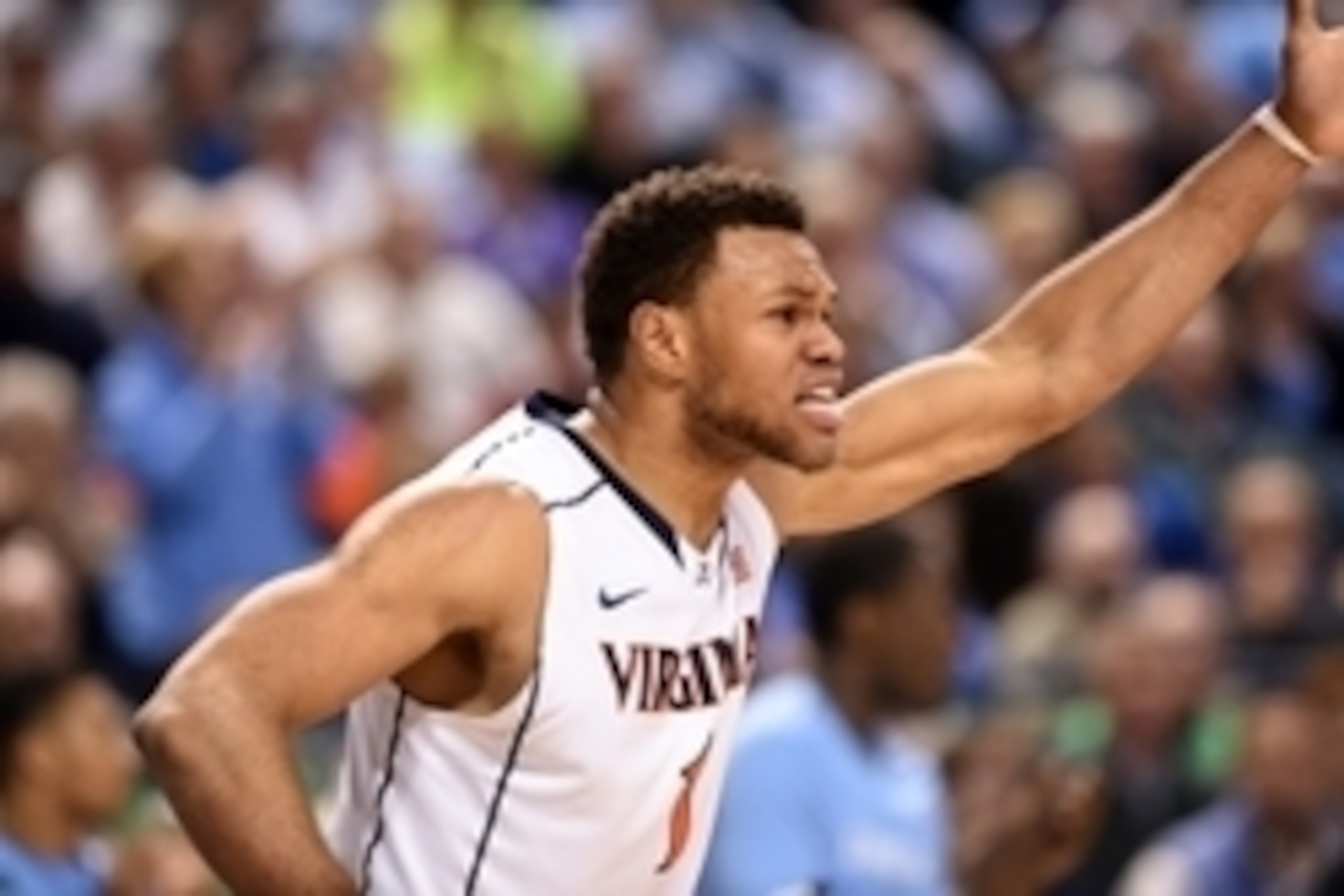 Mar 13, 2015; Greensboro, NC, USA; Virginia Cavaliers guard Justin Anderson (1) reacts to a call during game against the North Carolina Tar Heels in the second half during the semifinals of the ACC Tournament at Greensboro Coliseum. The North Carolina Tar