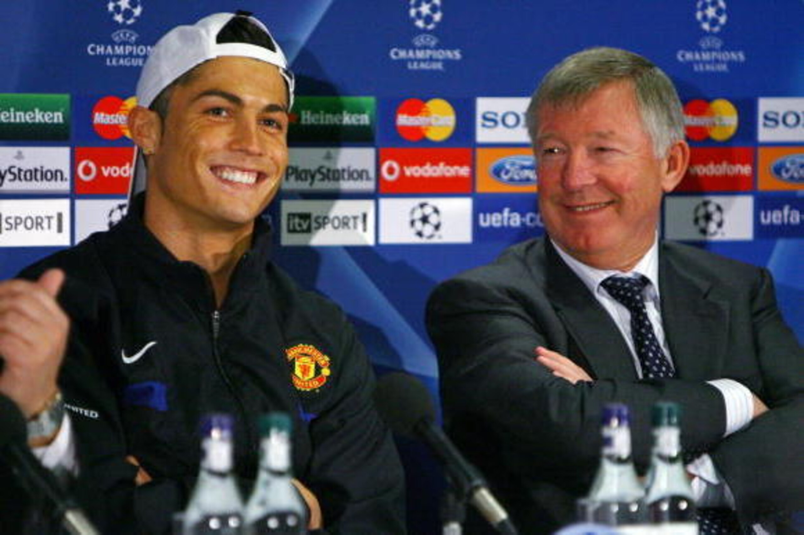 MANCHESTER, ENGLAND - APRIL 06:  Cristiano Ronaldo of Manchester United and Sir Alex Ferguson the manager of Manchester United face the media during a press conference held at Old Trafford on April 6, 2009 in Manchester, England.  (Photo by Alex Livesey/G