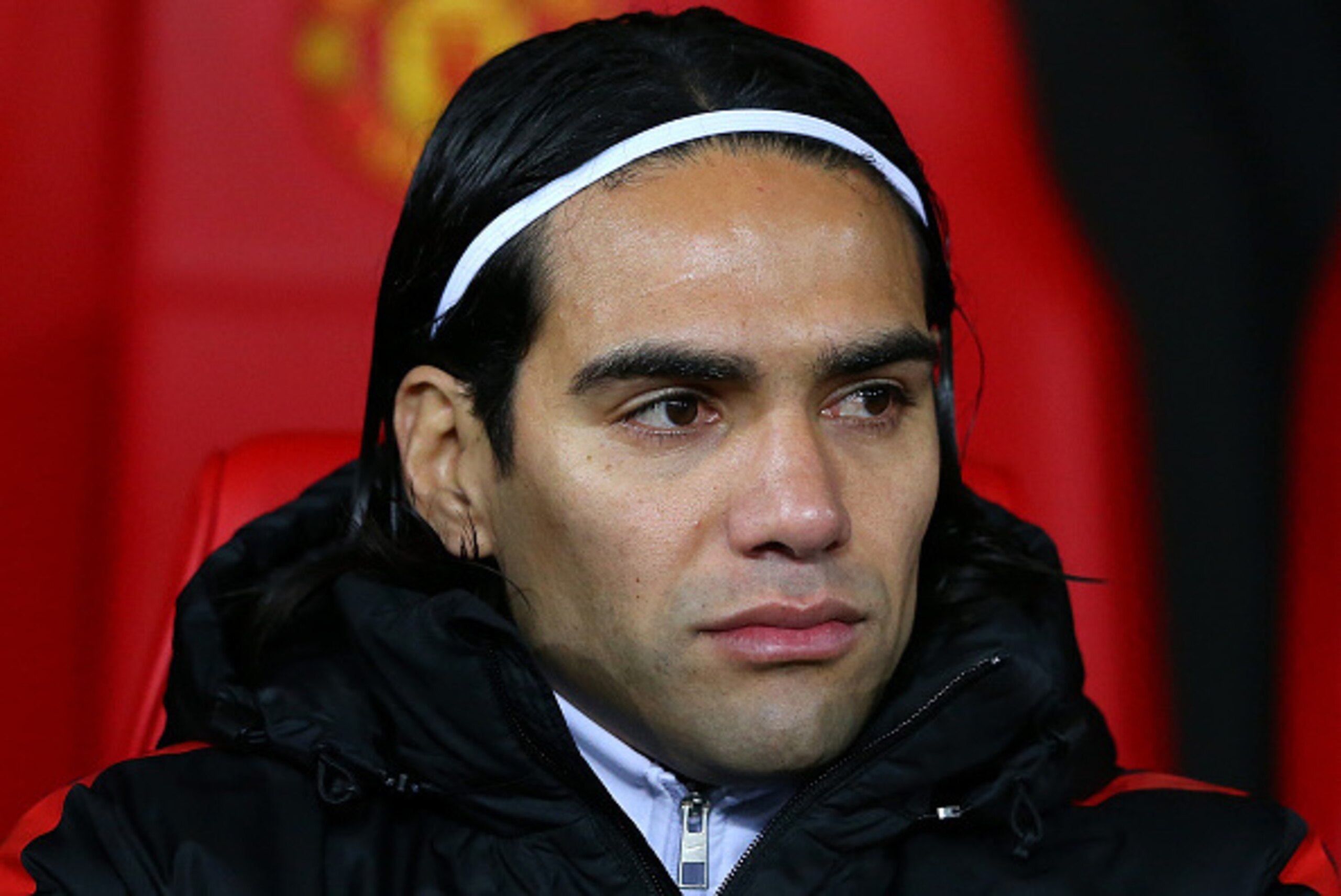 MANCHESTER, ENGLAND - DECEMBER 02:  Radamel Falcao of Manchester United looks on fronm the bench piror to the Barclays Premier League match between Manchester United and Stoke City at Old Trafford on December 2, 2014 in Manchester, England.  (Photo by Ale