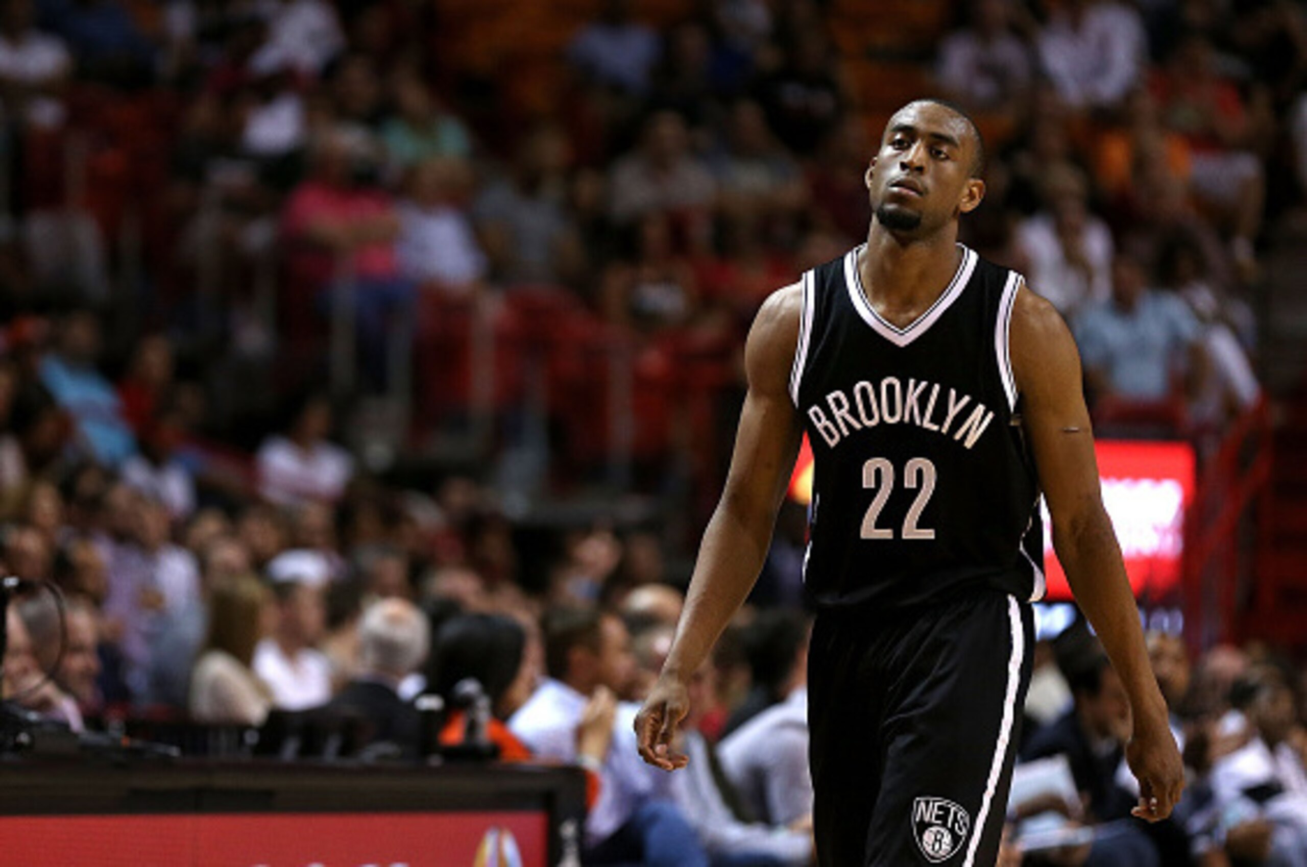 MIAMI, FL - MARCH 11: Markel Brown #22 of the Brooklyn Nets looks on during a game against the Miami Heat at American Airlines Arena on March 11, 2015 in Miami, Florida. NOTE TO USER: User expressly acknowledges and agrees that, by downloading and/or usin