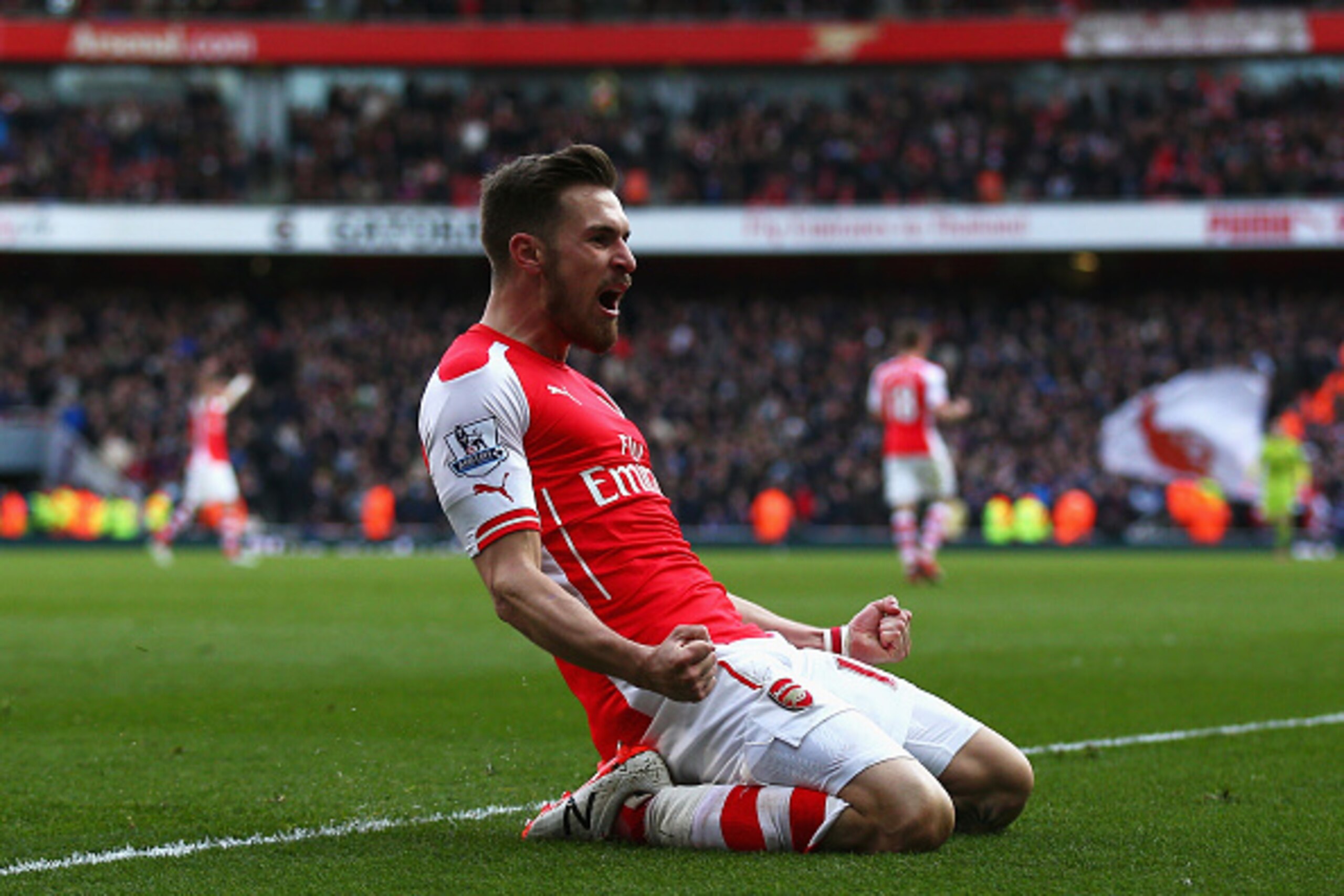 LONDON, ENGLAND - MARCH 14: Aaron Ramsey of Arsenal celebrates scoring his team's second goal during the Barclays Premier League match between Arsenal and West Ham United at Emirates Stadium on March 14, 2015 in London, England. (Photo by Ian Walton/Get LONDON, ENGLAND - MARCH 14: Aaron Ramsey of Arsenal celebrates scoring his team's second goal during the Barclays Premier League match between Arsenal and West Ham United at Emirates Stadium on March 14, 2015 in London, England. (Photo by Ian Walton/Get