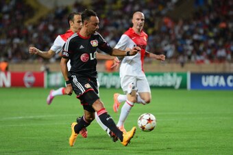 MONACO - SEPTEMBER 16: Karim Bellarabi of Bayer Leverkusen misses an open goal during the UEFA Champions League Group C match between AS Monaco FC and Bayer 04 Leverkusen at Louis II Stadium on September 16, 2014 in Monaco, Monaco.  (Photo by Jamie McDona