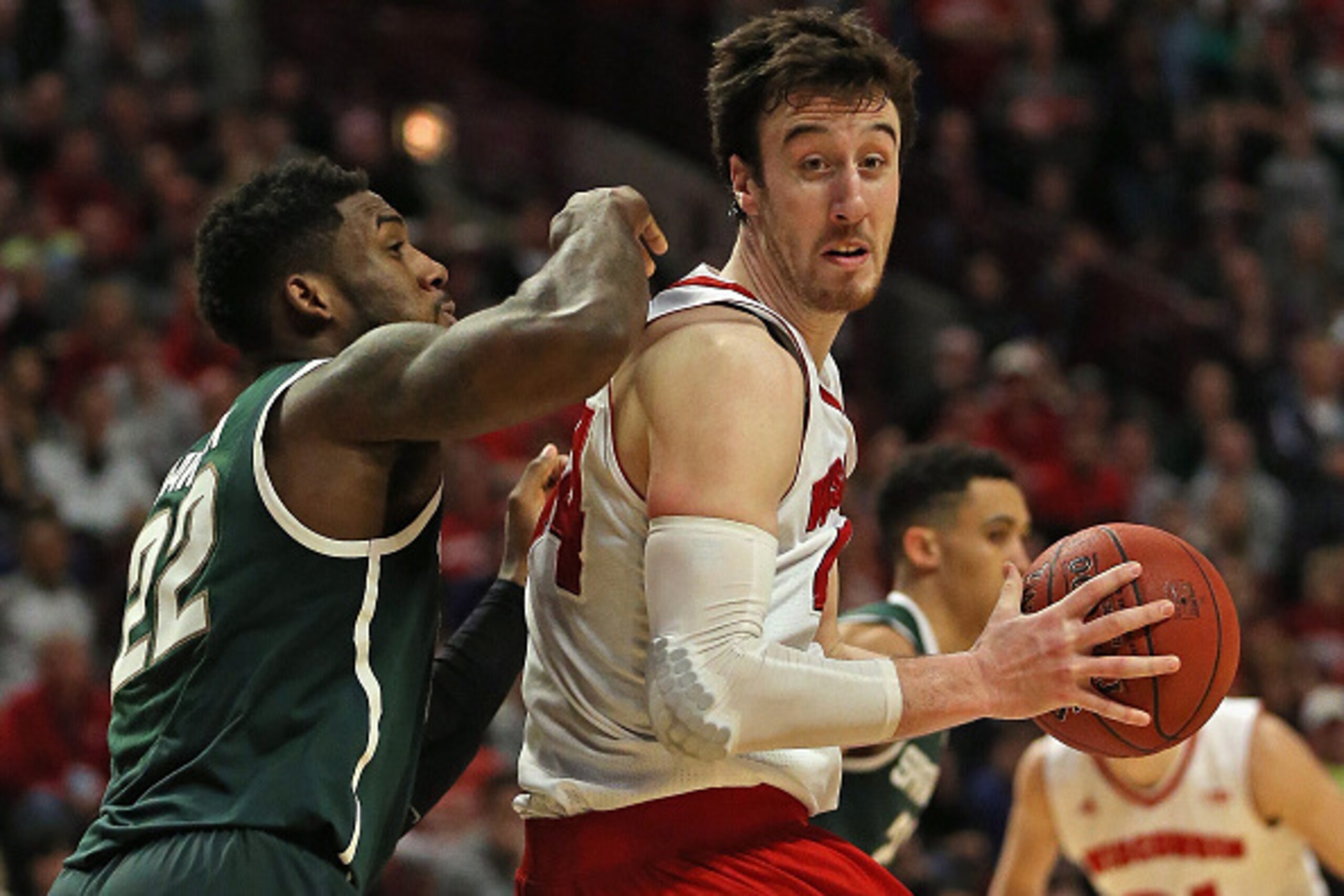 CHICAGO, IL - MARCH 15: Frank Kaminsky #44 of the Wisconsin Badgers moves against Branden Dawson #22 of the Michigan State Spartans during the Championship game of the 2015 Big Ten Men's Basketball Tournament at the United Center on March 15, 2015 in Chic