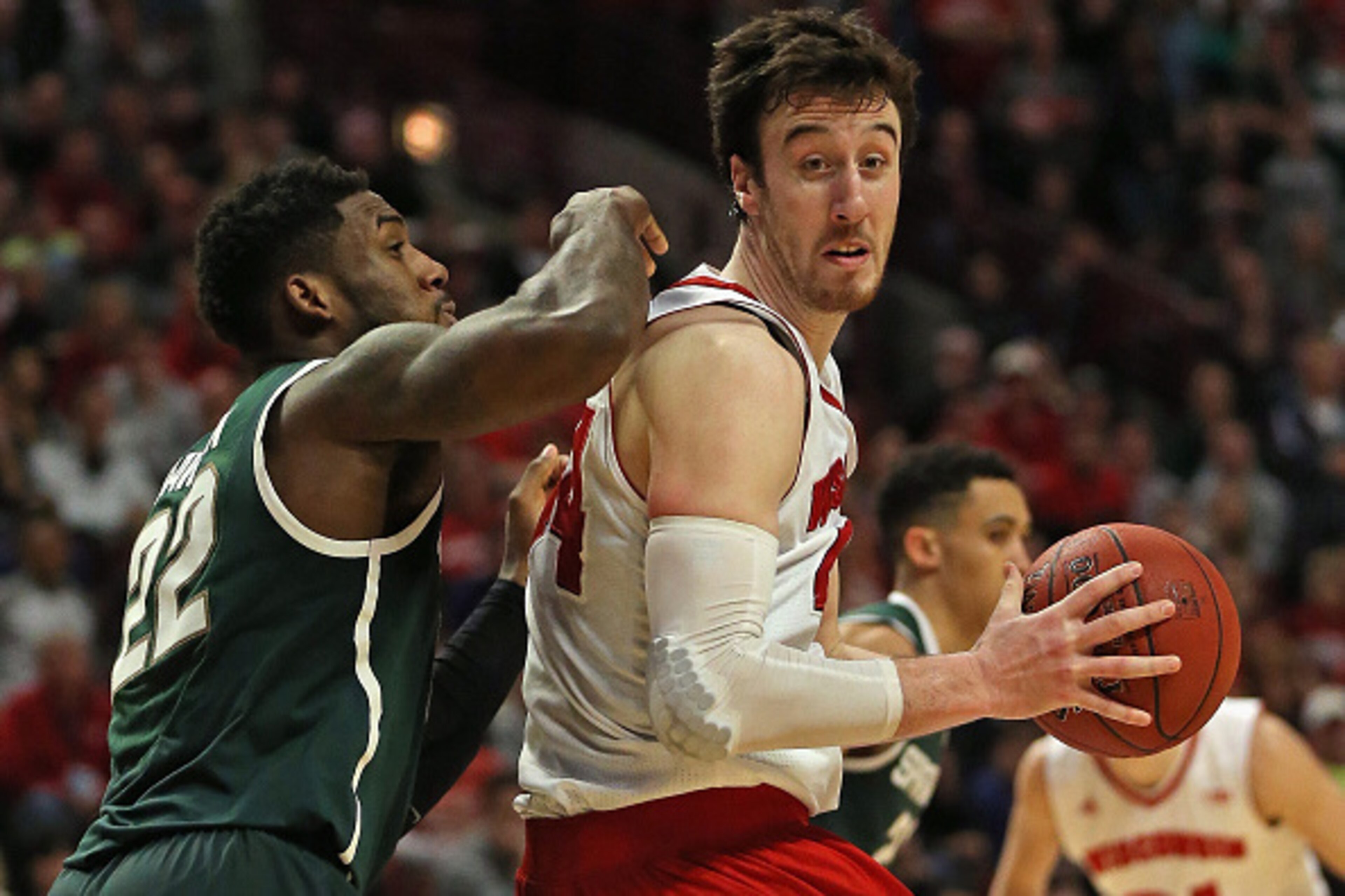 CHICAGO, IL - MARCH 15: Frank Kaminsky #44 of the Wisconsin Badgers moves against Branden Dawson #22 of the Michigan State Spartans during the Championship game of the 2015 Big Ten Men's Basketball Tournament at the United Center on March 15, 2015 in Chic