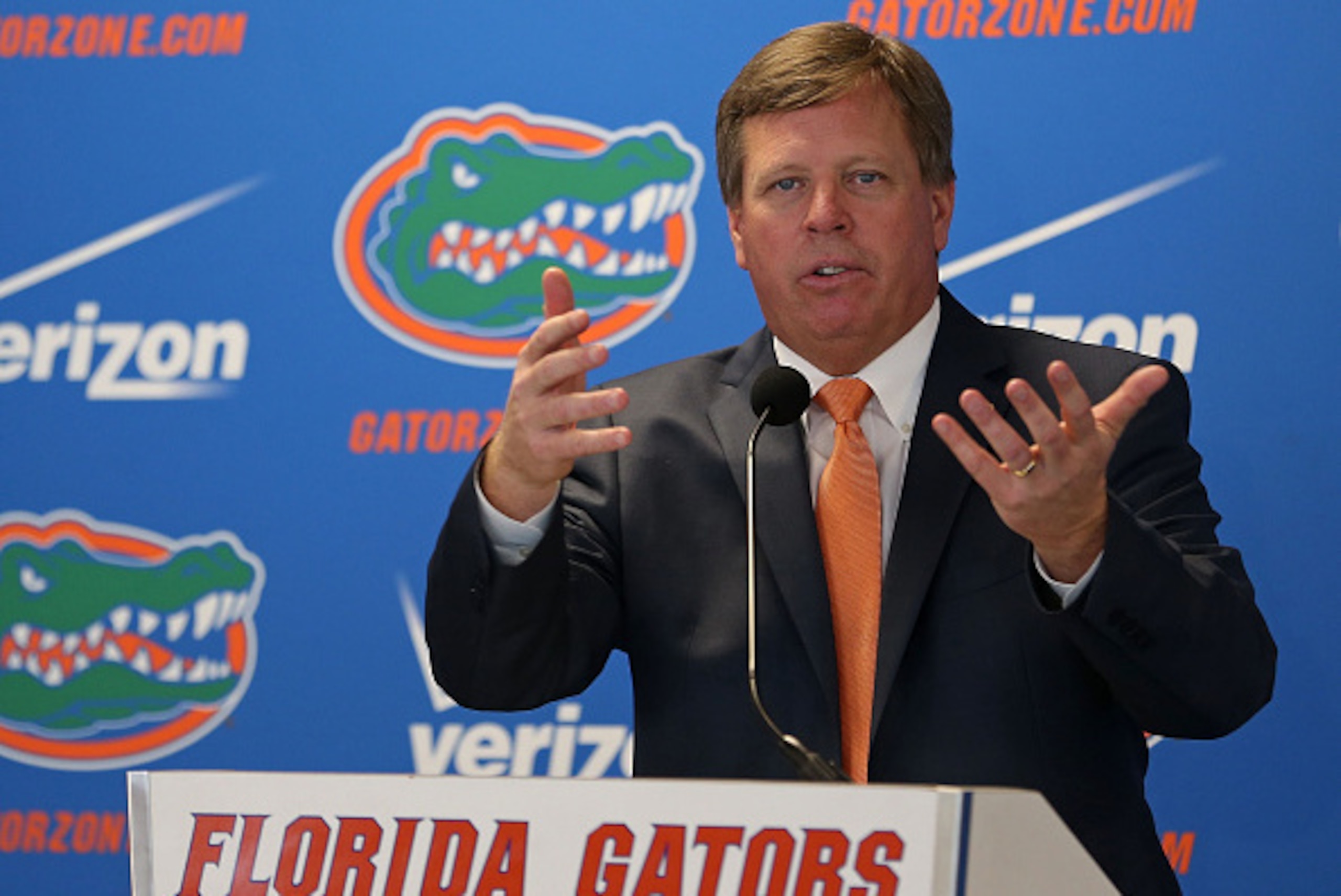 GAINESVILLE, FL - DECEMBER 06:  Florida Gators head coach Jim McElwain speaks during an introductory press conference on December 6, 2014 in Gainesville, Florida. McElwain has left Colorado State and replaces ex-Florida coach Will Muschamp who was fired e