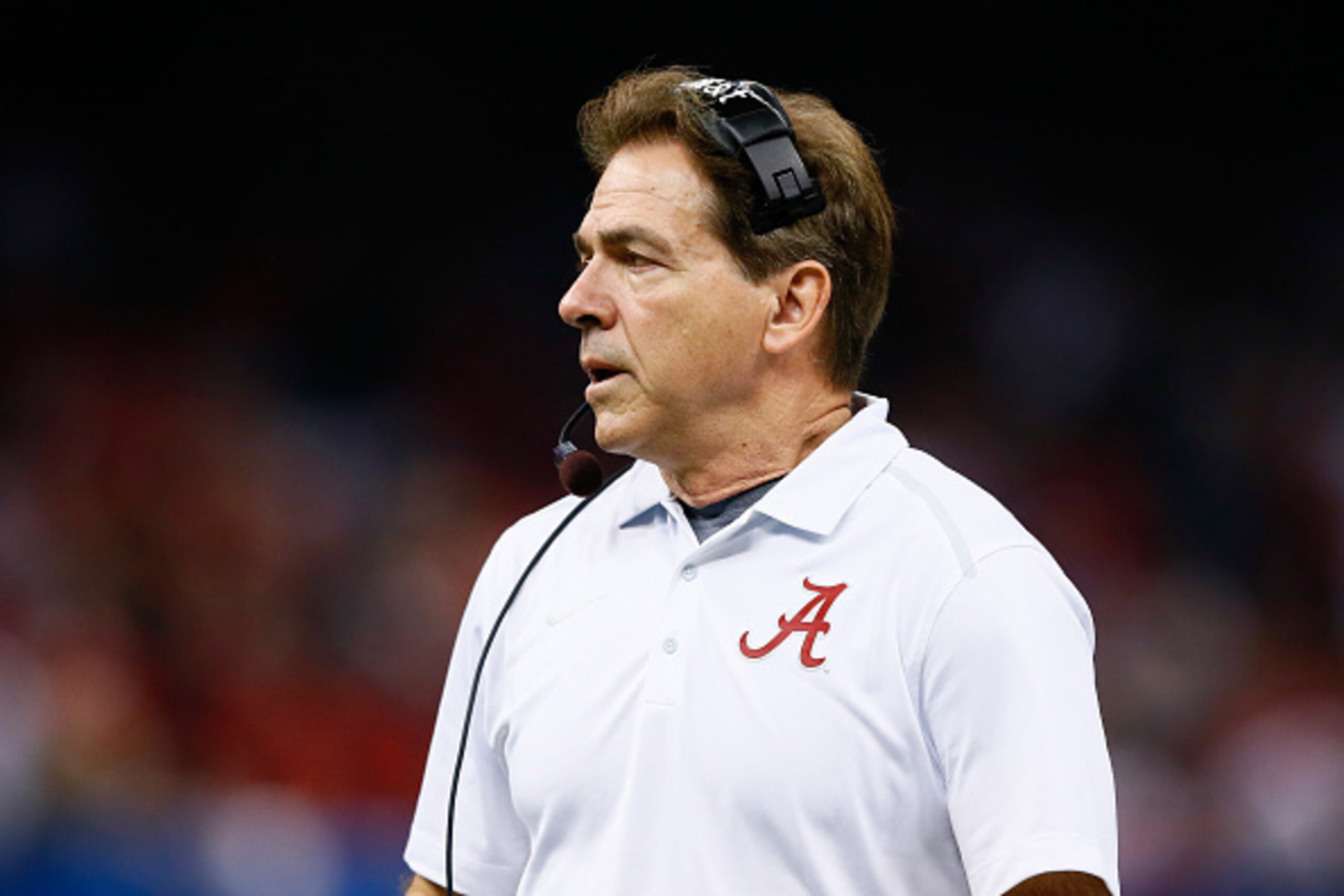 NEW ORLEANS, LA - JANUARY 01:  Head coach Nick Saban of the Alabama Crimson Tide looks on in the first half against the Ohio State Buckeyes during the All State Sugar Bowl at the Mercedes-Benz Superdome on January 1, 2015 in New Orleans, Louisiana.  (Phot