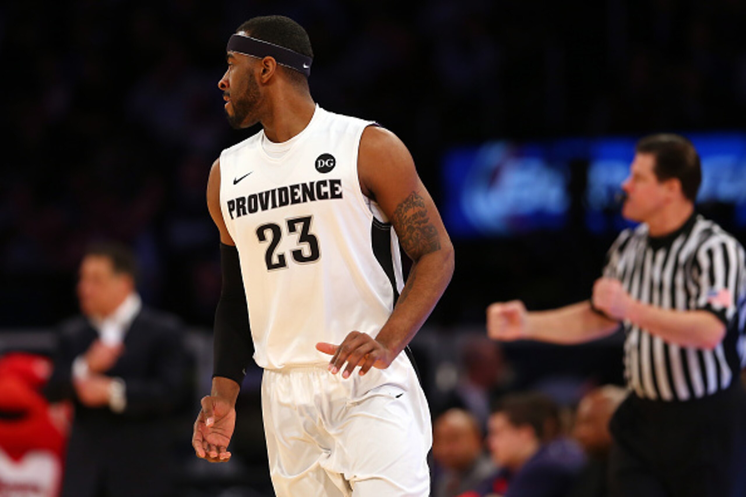NEW YORK, NY - MARCH 12: LaDontae Henton #23 of the Providence Friars reacts after hitting a shot against the St. John's Red Storm during a quarterfinal game of the Big East basketball tournament at Madison Square Garden on March 12, 2015 in New York City