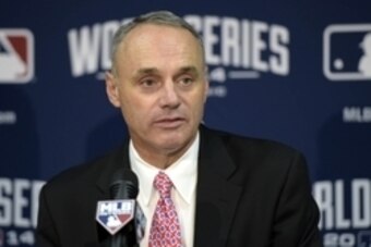 Oct 22, 2014; Kansas City, MO, USA; MLB newly elected commissioner Rob Manfred speaks at a press conference before game two of the 2014 World Series between the Kansas City Royals and the San Francisco Giants at Kauffman Stadium. Mandatory Credit: Christo