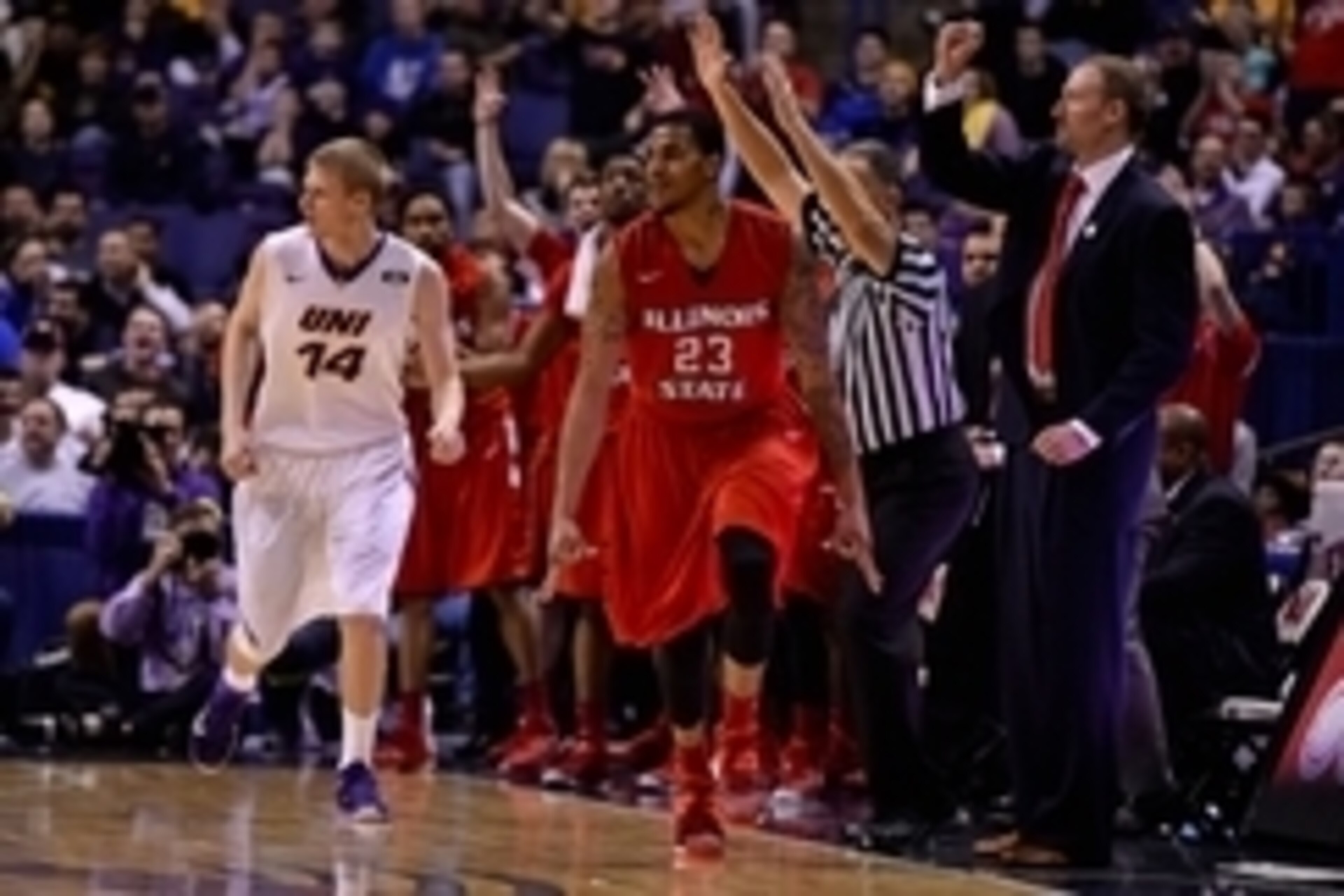 Mar 8, 2015; St. Louis, MO, USA; Illinois State Redbirds forward Deontae Hawkins (23) reacts after making a three point basket against the Northern Iowa Panthers during second half in the championship game of the Missouri Valley Conference basketball tour