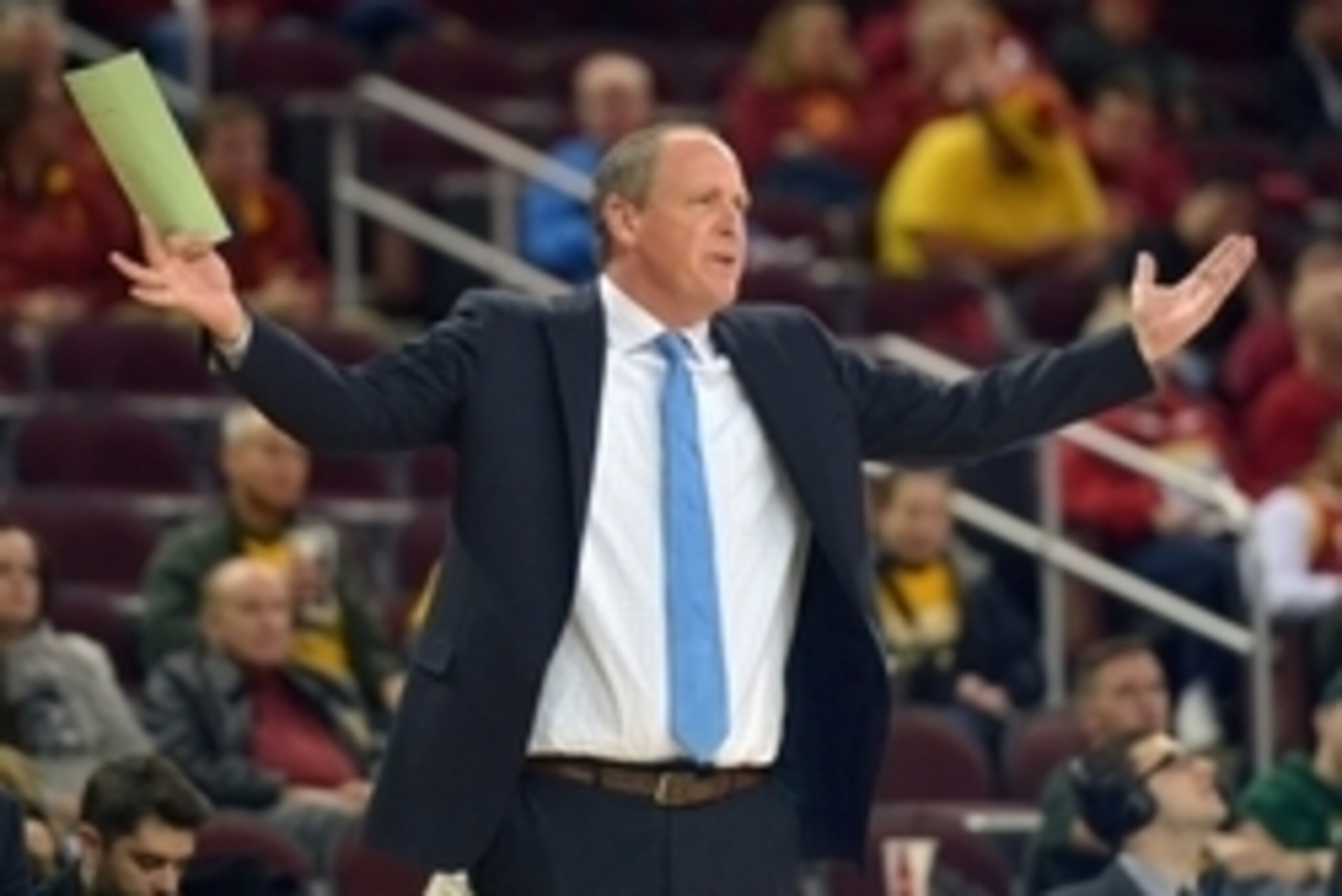 Dec 30, 2014; Los Angeles, CA, USA; Virginia Catamounts coach John Becker reacts against the Southern California Trojans at Galen Center. Mandatory Credit: Kirby Lee-USA TODAY Sports