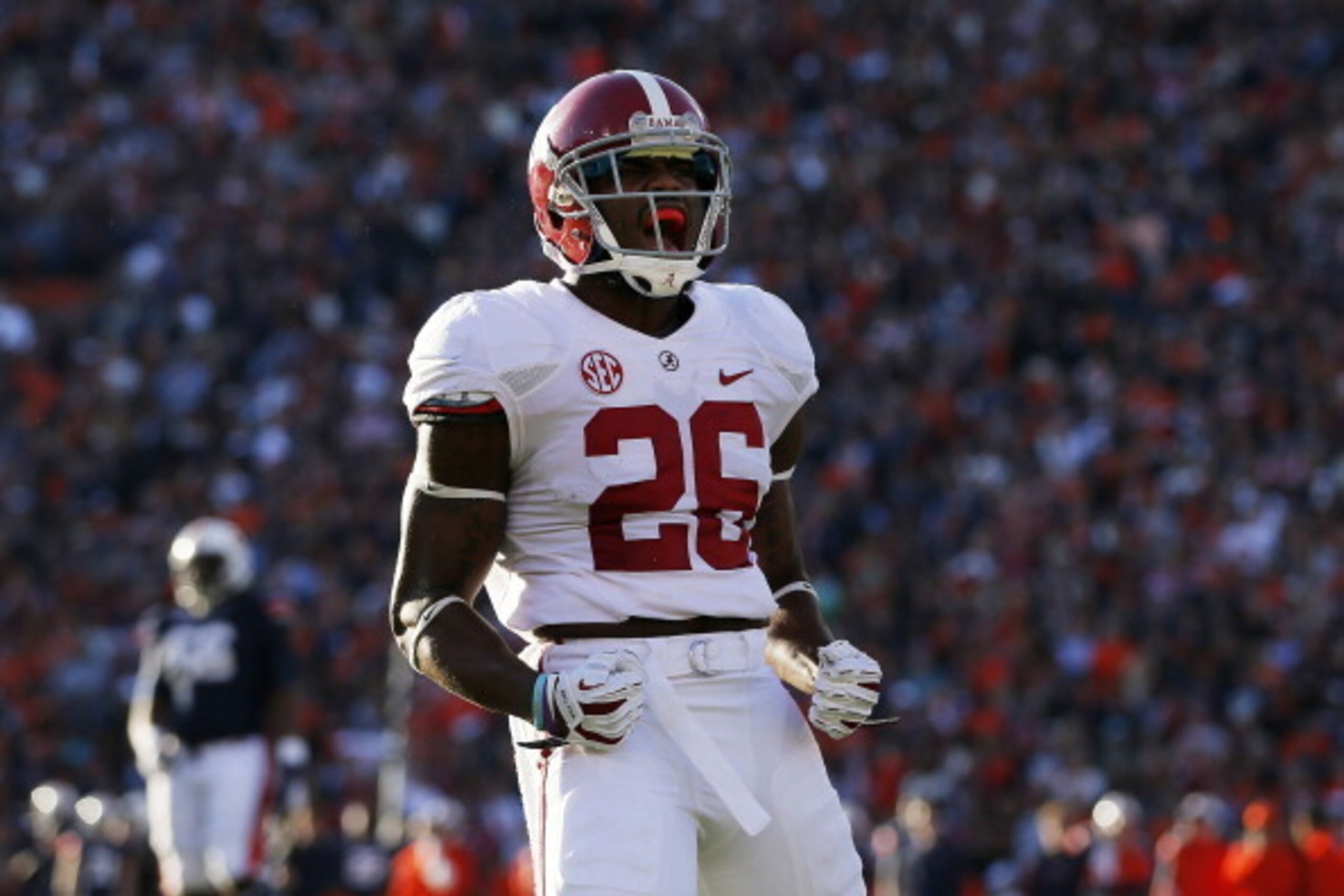AUBURN, AL - NOVEMBER 30:  Landon Collins #26 of the Alabama Crimson Tide celebrates a defensice stop against the Auburn Tigers at Jordan-Hare Stadium on November 30, 2013 in Auburn, Alabama.  (Photo by Kevin C. Cox/Getty Images)