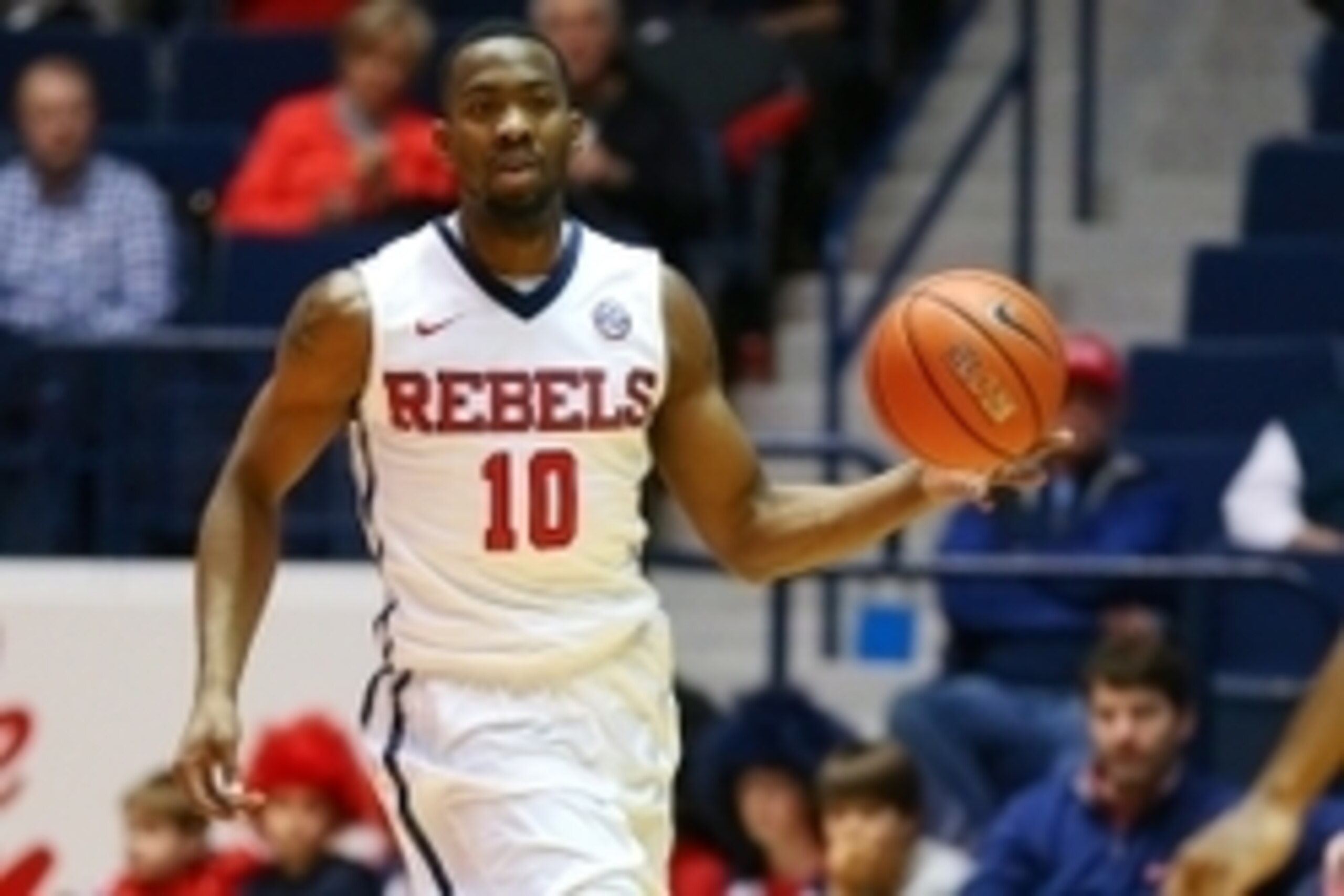 Jan 3, 2015; Oxford, MS, USA; Mississippi Rebels guard Ladarius White (10) brings the ball up court during the game against the Austin Peay Governors at C.M. Tad Smith Coliseum. Mandatory Credit: Spruce Derden-USA TODAY Sports