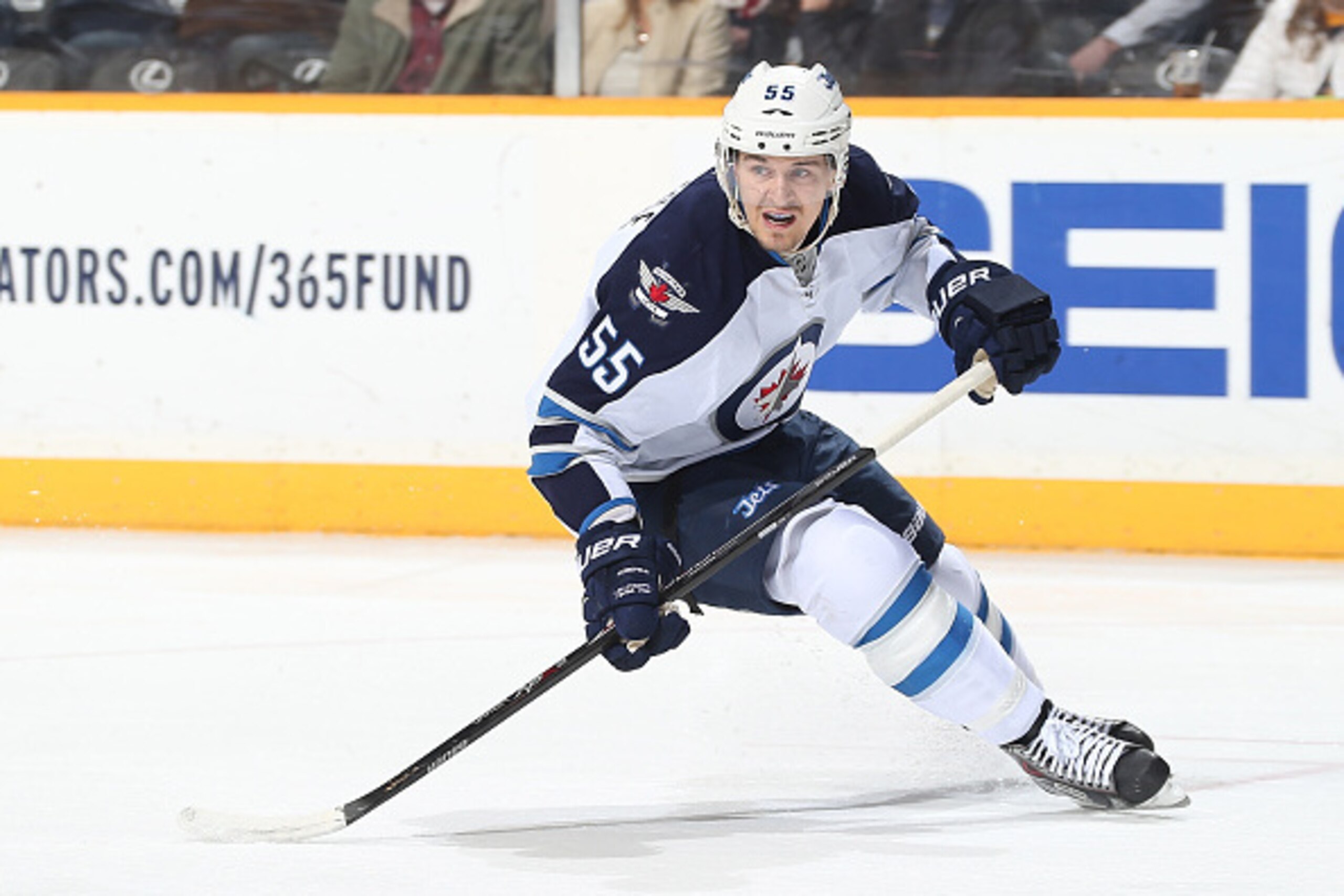 NASHVILLE, TN - MARCH 7: Mark Scheifele #55 of the Winnipeg Jets skates against the Nashville Predators during an NHL game at Bridgestone Arena on March 7, 2015 in Nashville, Tennessee. (Photo by John Russell/NHLI via Getty Images)