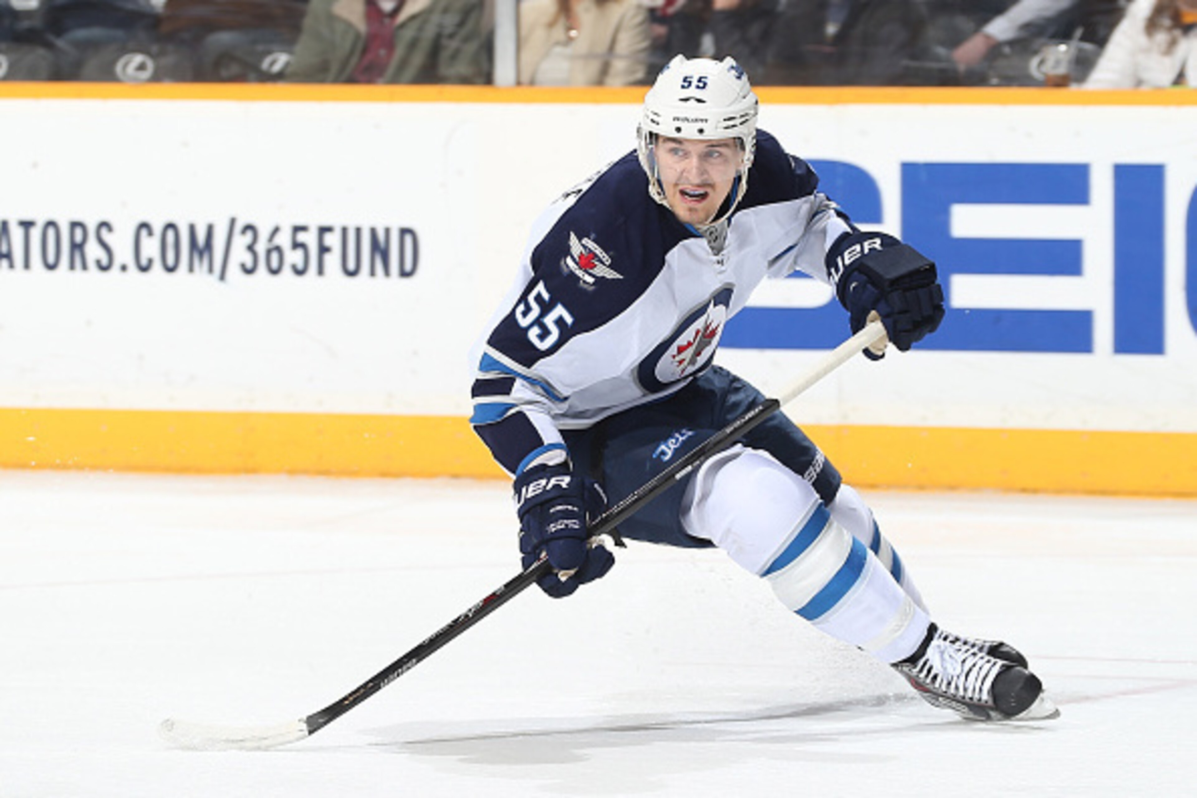NASHVILLE, TN - MARCH 7: Mark Scheifele #55 of the Winnipeg Jets skates against the Nashville Predators during an NHL game at Bridgestone Arena on March 7, 2015 in Nashville, Tennessee. (Photo by John Russell/NHLI via Getty Images)
