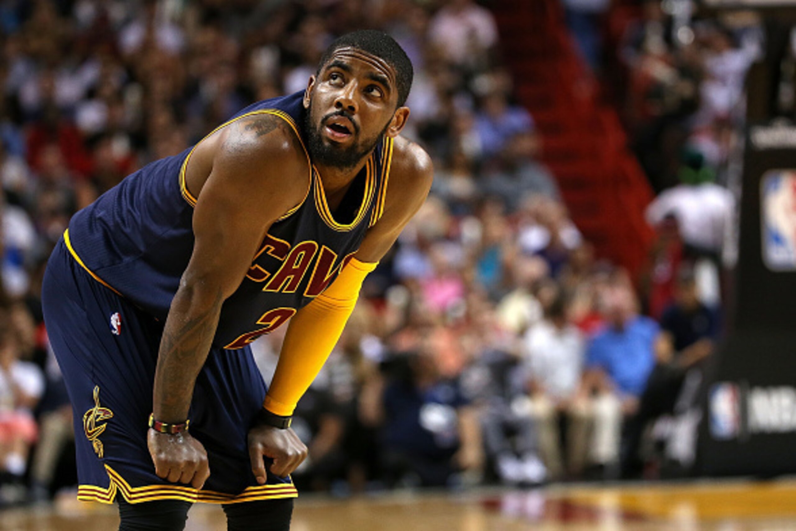MIAMI, FL - MARCH 16:  Kyrie Irving #2 of the Cleveland Cavaliers looks on during a game against the Miami Heat at American Airlines Arena on March 16, 2015 in Miami, Florida. NOTE TO USER: User expressly acknowledges and agrees that, by downloading and/o