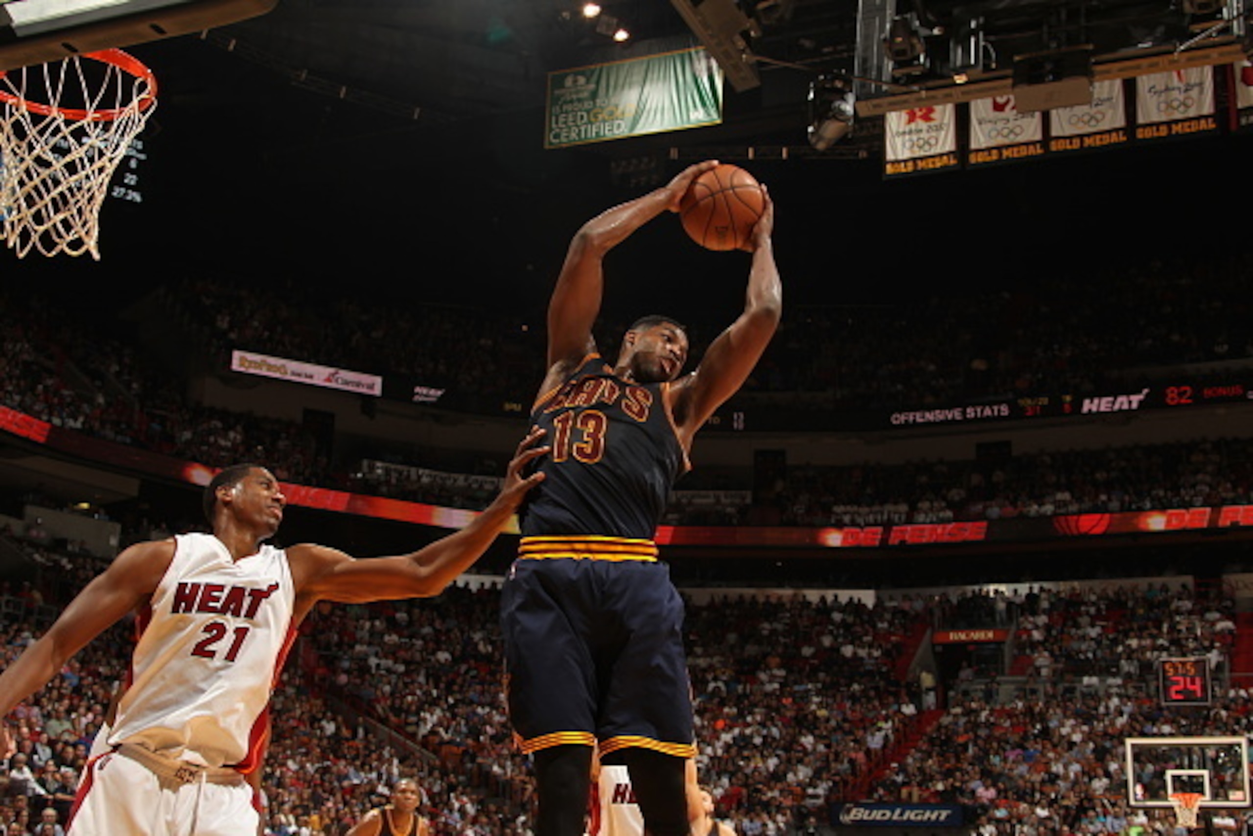 MIAMI, FL - MARCH 16:  Tristan Thompson #13 of the Cleveland Cavaliers grabs the rebound against the Miami Heat on March 16, 2015 at American Airlines Arena in Miami, Florida.  NOTE TO USER: User expressly acknowledges and agrees that, by downloading and 