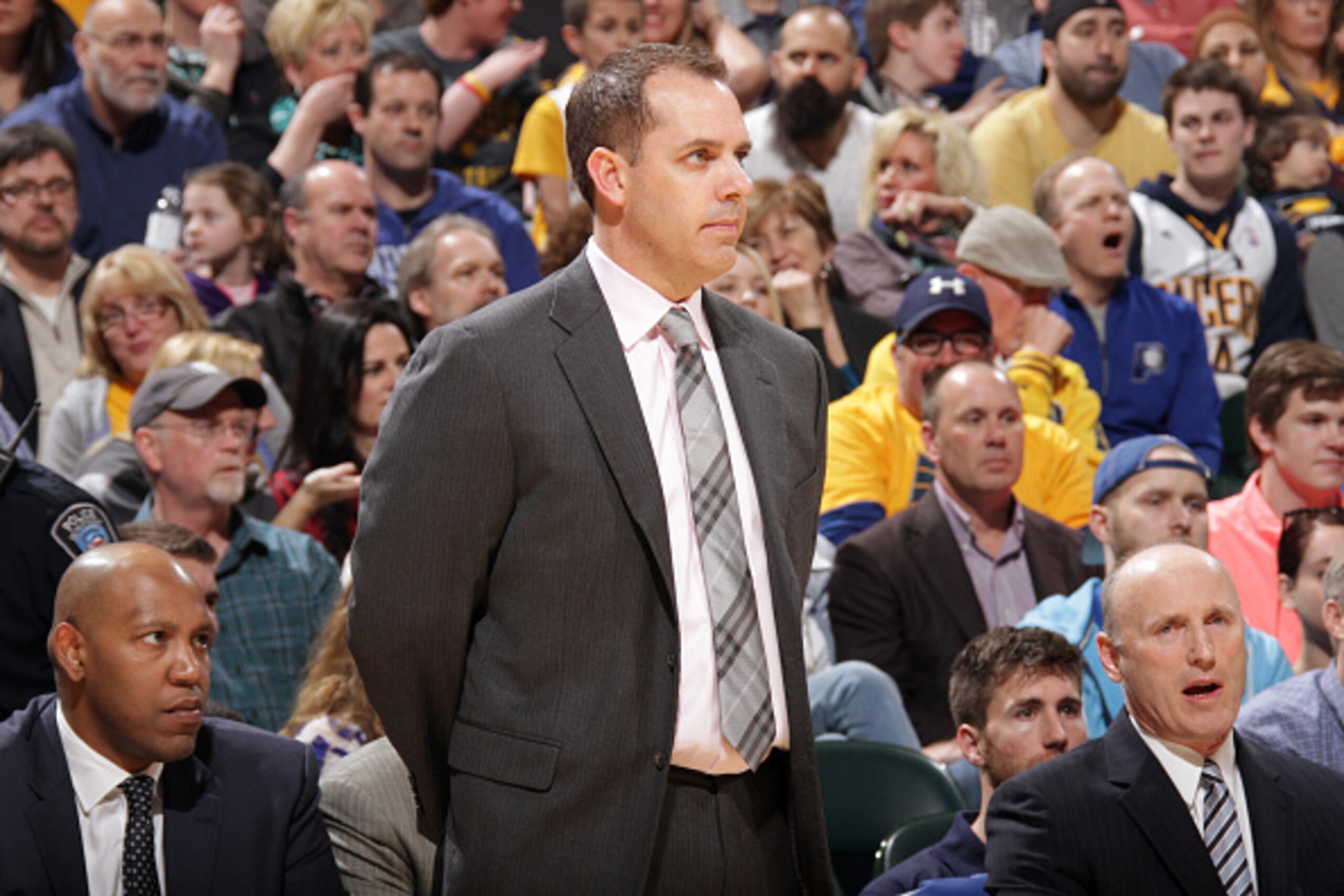 INDIANAPOLIS, IN - MARCH 14:  Head Coach Frank Vogel of the Indiana Pacers looks on during the game against the Boston Celtics on March 14, 2015 at Bankers Life Fieldhouse in Indianapolis, Indiana.  NOTE TO USER: User expressly acknowledges and agrees tha