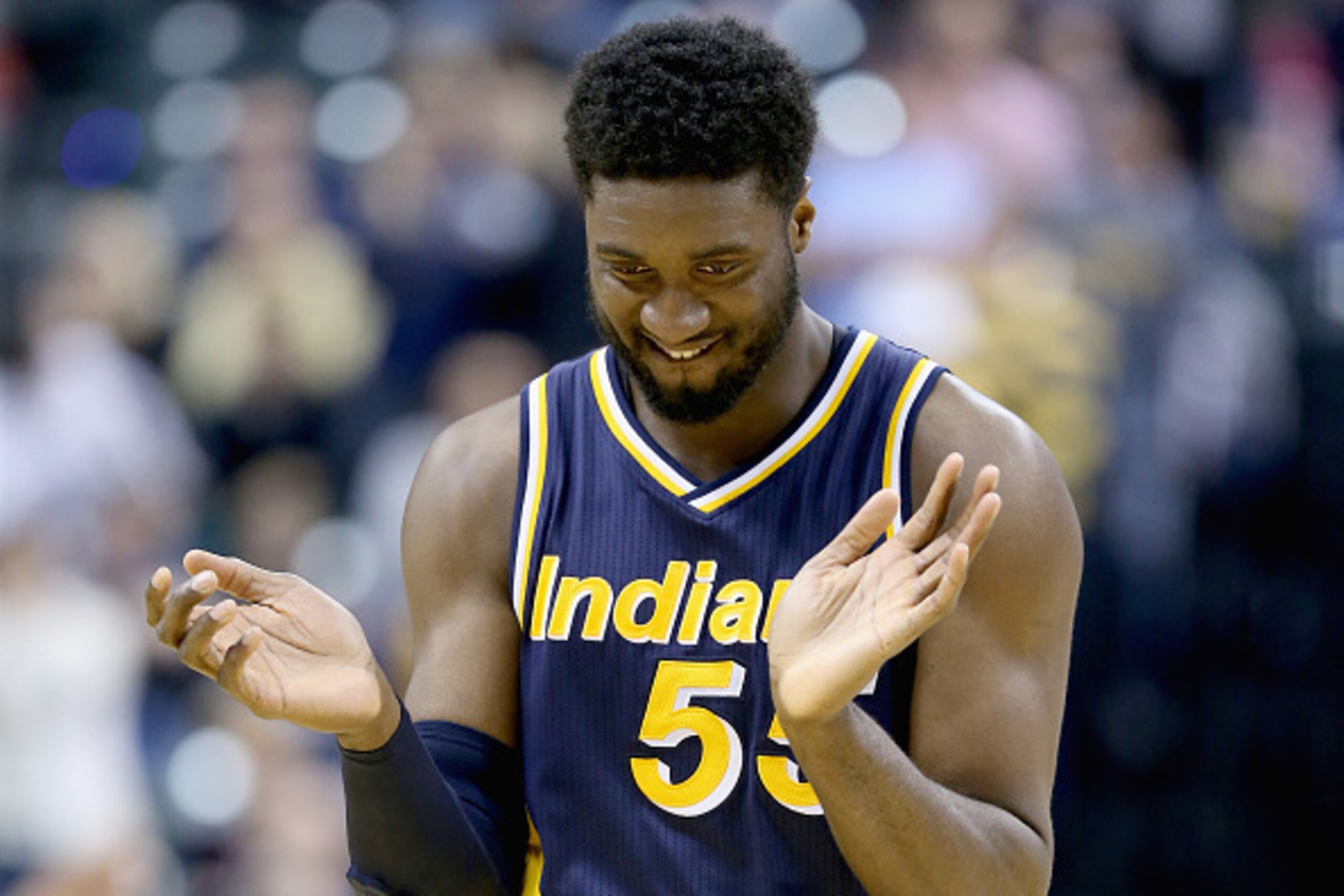 INDIANAPOLIS, IN - FEBRUARY 27:  Roy Hibbert #55 of the Indiana Pacers celebrates during the game against the Cleveland Cavaliers on February 27, 2015 in Indianapolis, Indiana.   NOTE TO USER: User expressly acknowledges and agrees that, by downloading an