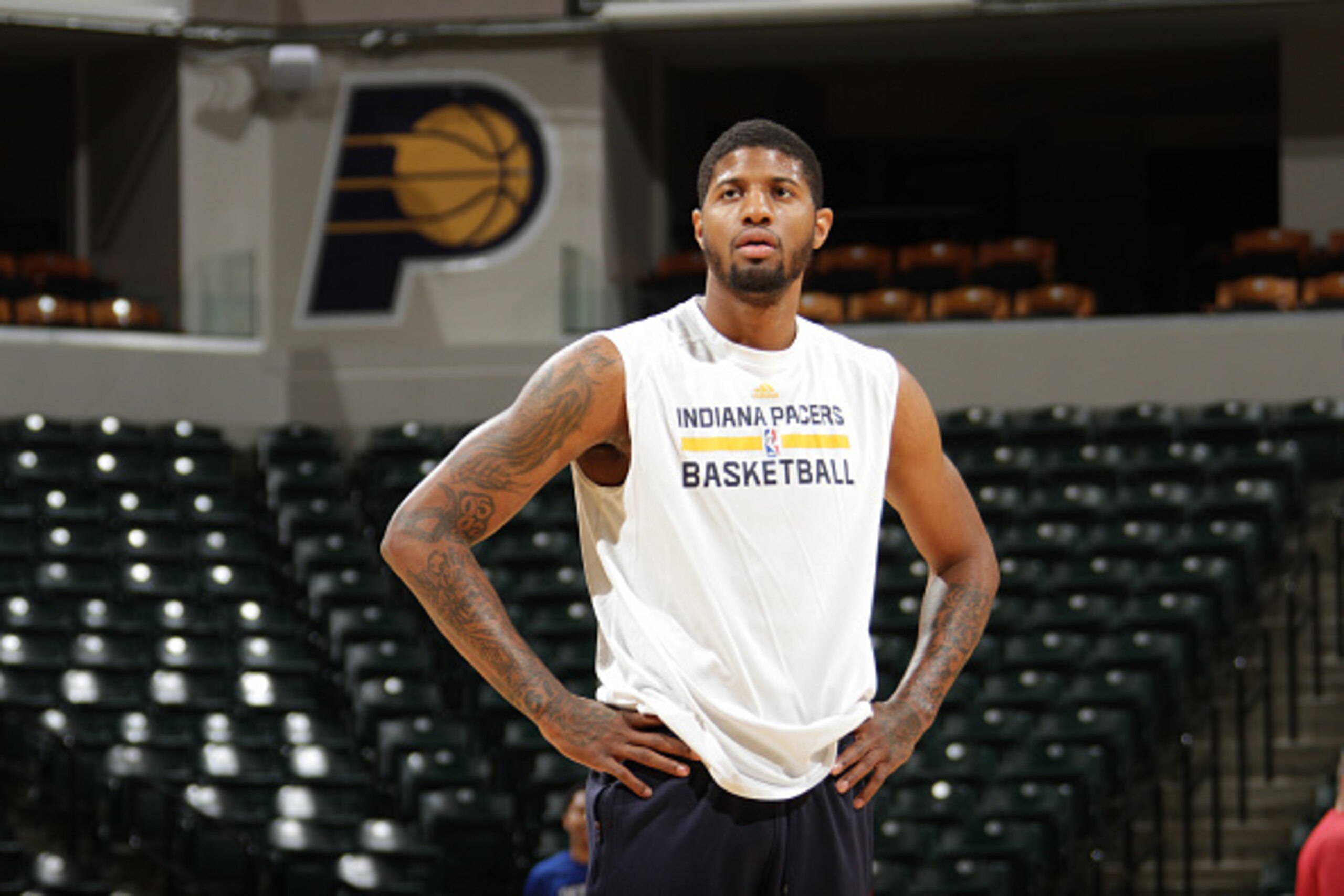 INDIANAPOLIS, IN - FEBRUARY 4:  Paul George #13 of the Indiana Pacers warms up before the game against the Detroit Pistons on February 4, 2015 at Bankers Life Fieldhouse in Indianapolis, Indiana. NOTE TO USER: User expressly acknowledges and agrees that, 