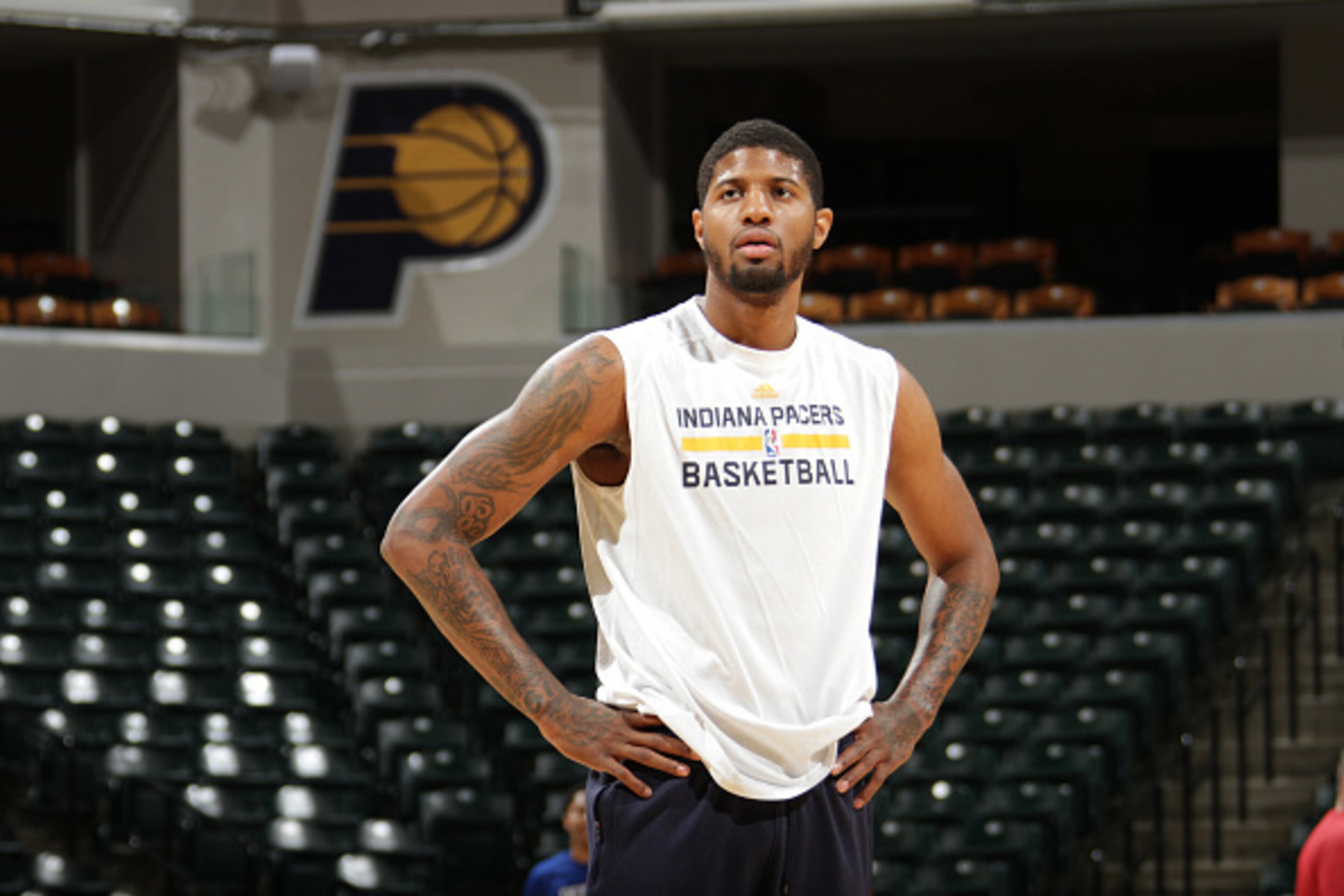 INDIANAPOLIS, IN - FEBRUARY 4:  Paul George #13 of the Indiana Pacers warms up before the game against the Detroit Pistons on February 4, 2015 at Bankers Life Fieldhouse in Indianapolis, Indiana. NOTE TO USER: User expressly acknowledges and agrees that, 