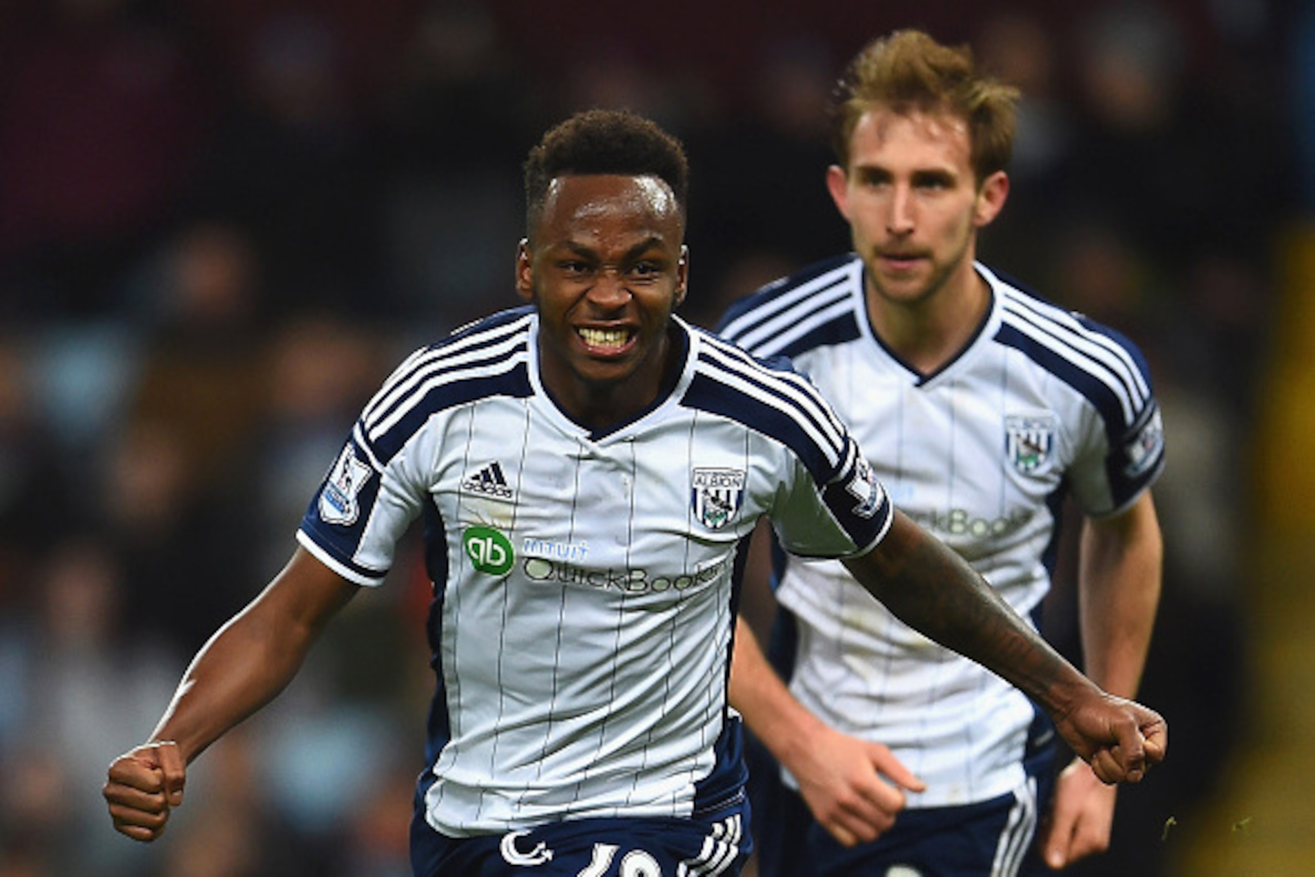 BIRMINGHAM, ENGLAND - MARCH 03:  Saido Berahino of West Brom celebrates scoring their first goal during the Barclays Premier League match between Aston Villa and West Bromwich Albion at Villa Park on March 3, 2015 in Birmingham, England.  (Photo by Lauren