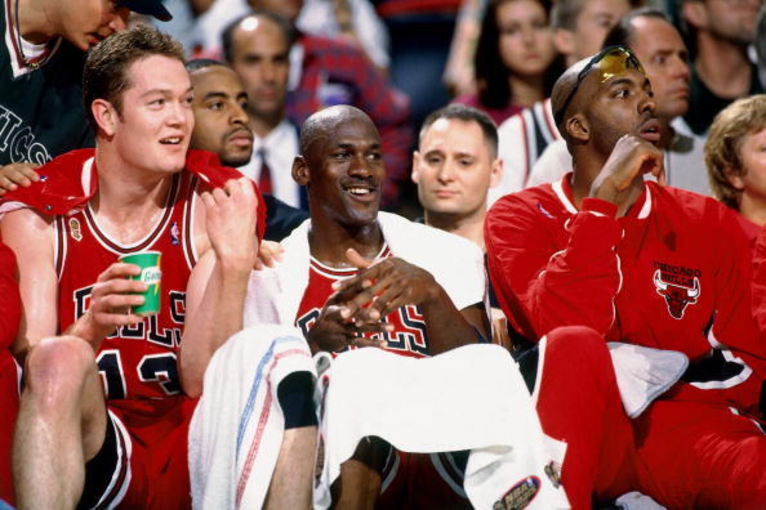 SEATTLE - JUNE 9: Michael Jordan #23 and Luc Longley #13 of the Chicago Bulls look on from the bench in Game Three of the 1996 NBA Finals against the Seattle SuperSonics at Key Arena on June 9, 1996 in Seattle, Washington. The Bulls won 108-86. NOTE TO U SEATTLE - JUNE 9: Michael Jordan #23 and Luc Longley #13 of the Chicago Bulls look on from the bench in Game Three of the 1996 NBA Finals against the Seattle SuperSonics at Key Arena on June 9, 1996 in Seattle, Washington. The Bulls won 108-86. NOTE TO U