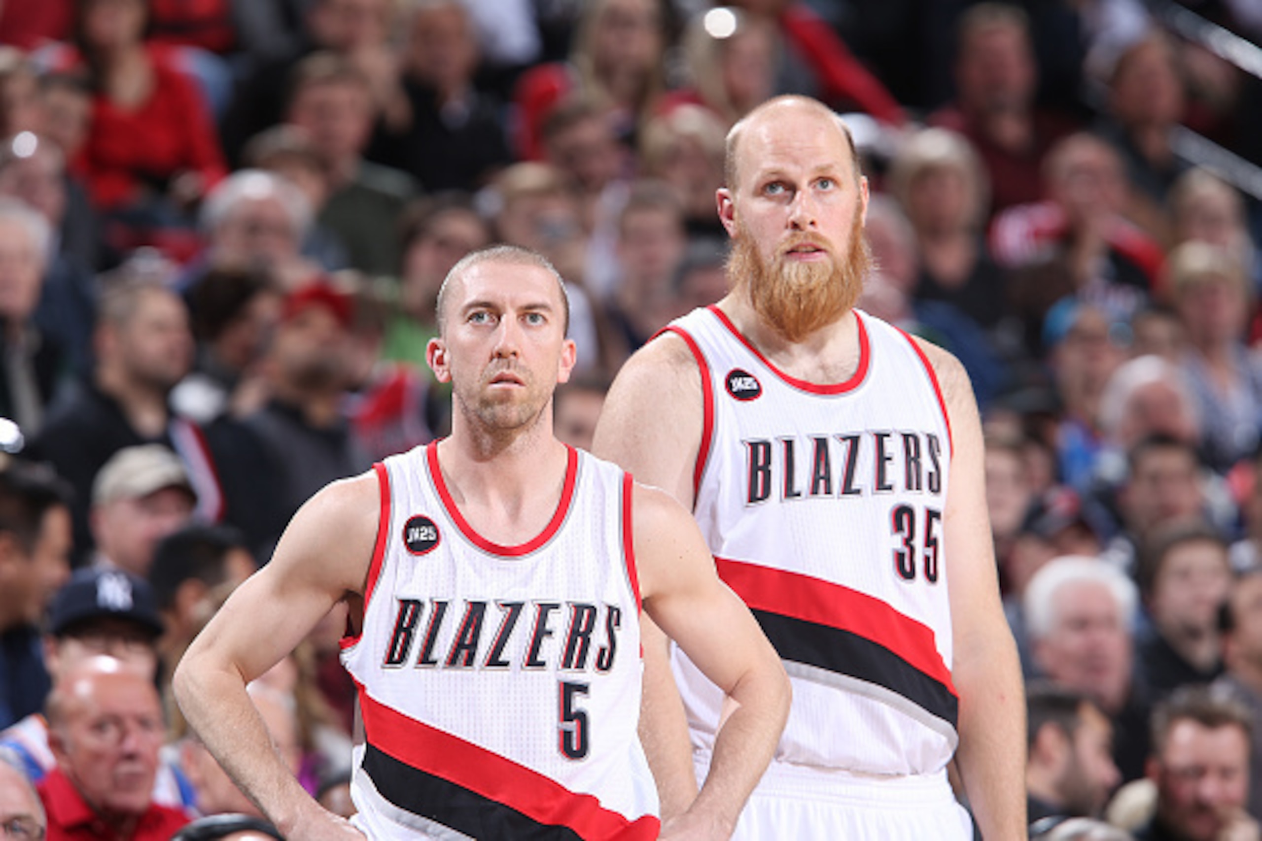 PORTLAND, OR - FEBRUARY 27:  Steve Blake #5 and Chris Kaman #35 of the Portland Trail Blazers during the game against the Oklahoma City Thunder on February 27, 2015 at the Moda Center in Portland, Oregon. NOTE TO USER: User expressly acknowledges and agre