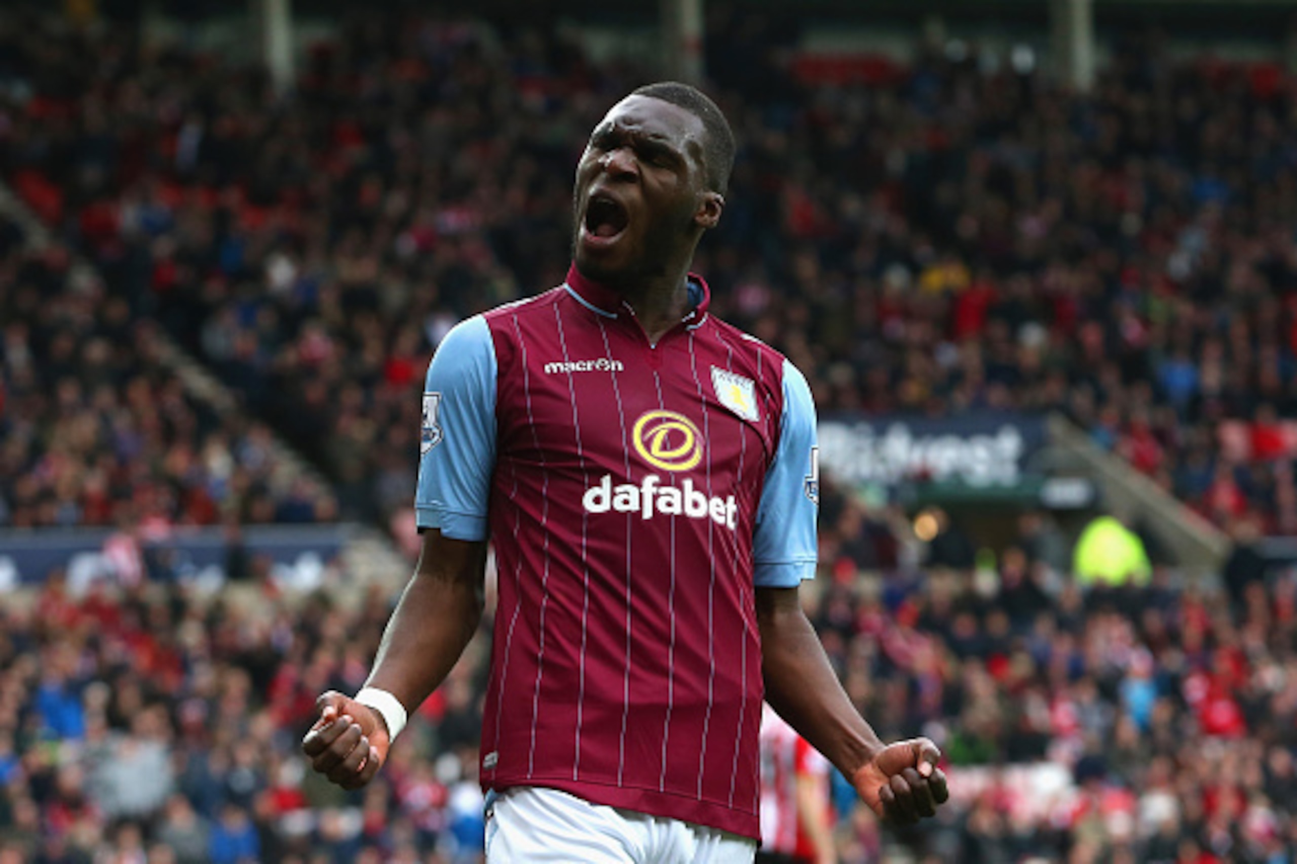 SUNDERLAND, ENGLAND - MARCH 14:  Christian Benteke of Aston Villa celebrates scoring their fourth goal during the Barclays Premier League match between Sunderland and Aston Villa at Stadium of Light on March 14, 2015 in Sunderland, England.  (Photo by Jan