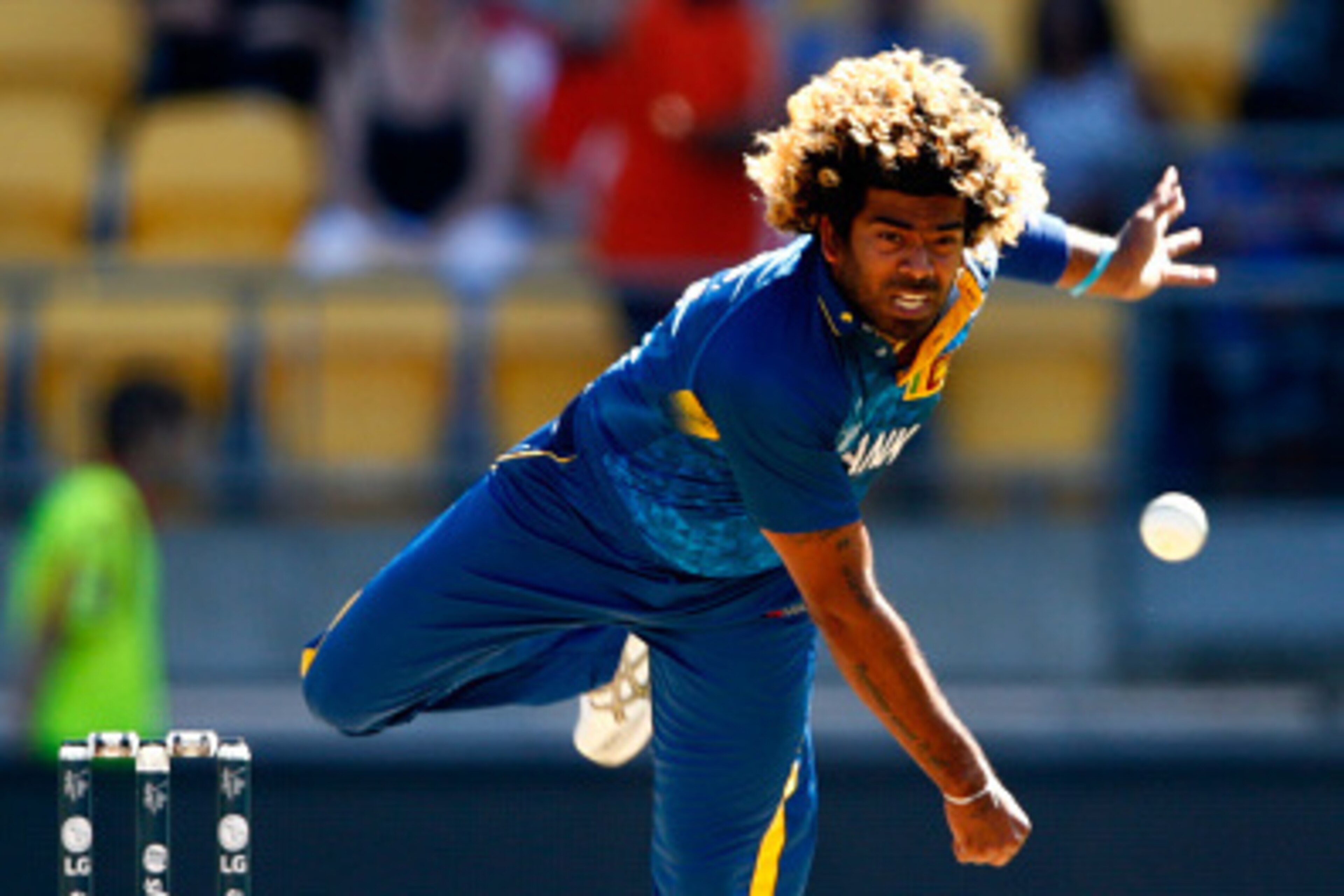 WELLINGTON, NEW ZEALAND - MARCH 01: Lasith Malinga of Sri Lanka bowls  during the 2015 ICC Cricket World Cup match between England and Sri Lanka at Wellington Regional Stadium on March 1, 2015 in Wellington, New Zealand.  (Photo by Phil Walter/Getty Image