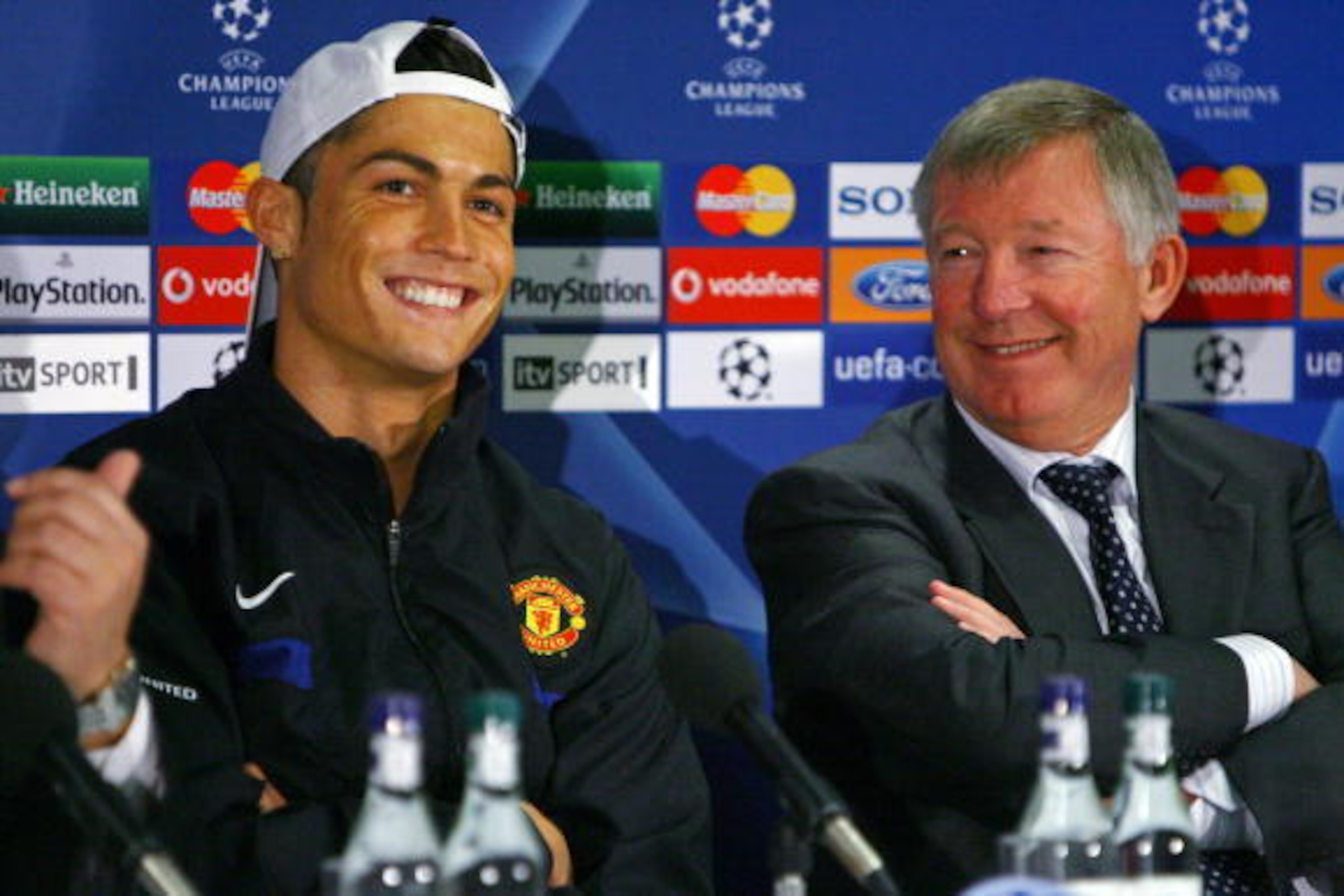 MANCHESTER, ENGLAND - APRIL 06:  Cristiano Ronaldo of Manchester United and Sir Alex Ferguson the manager of Manchester United face the media during a press conference held at Old Trafford on April 6, 2009 in Manchester, England.  (Photo by Alex Livesey/G