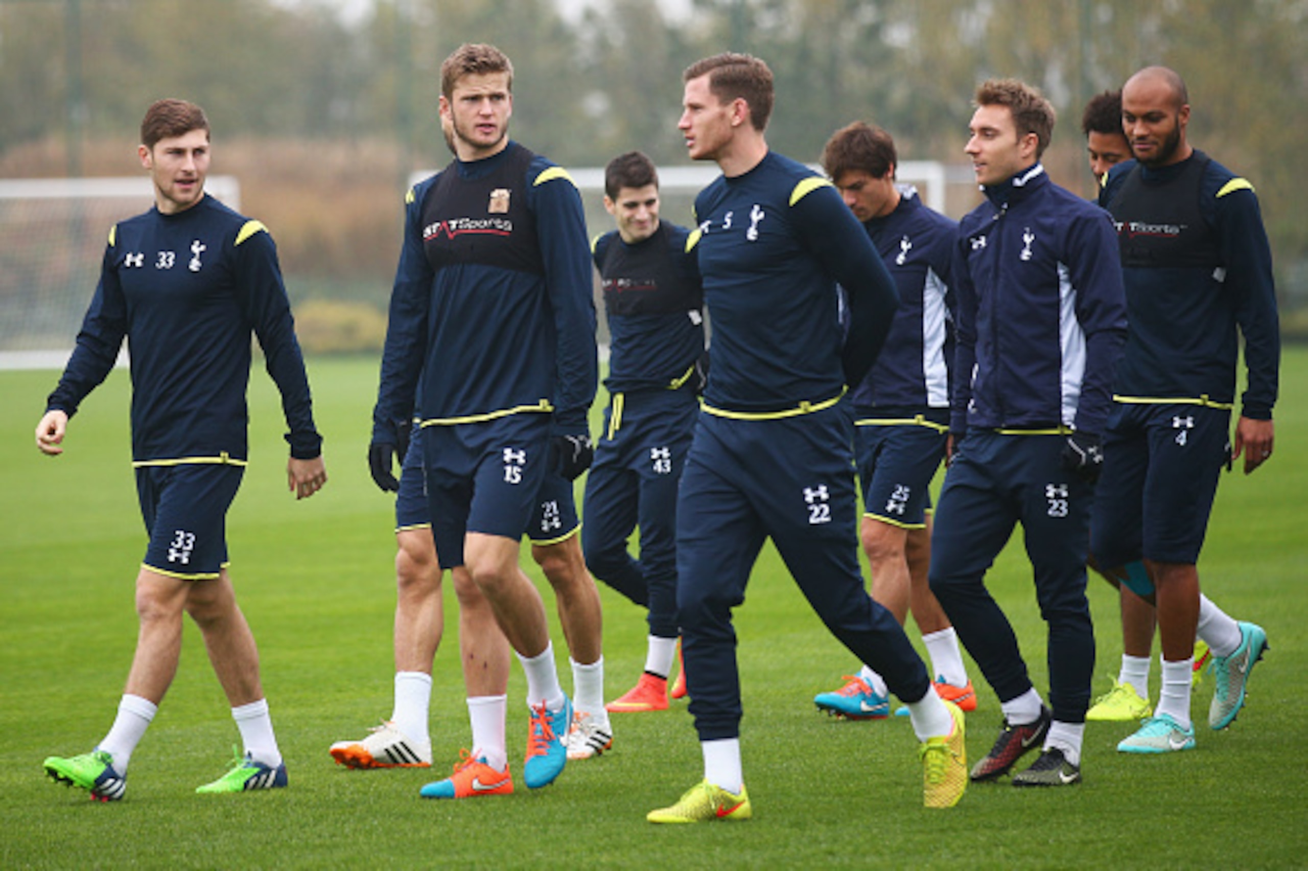 ENFIELD, ENGLAND - NOVEMBER 26:  Eric Dier (15) and Jan Vertonghen (22) warm up with team mates during a Tottenham Hotspur FC training session, ahead of the UEFA Europa League Group C match against FC Partizan Belgrade, at Enfield Training Centre on Novem