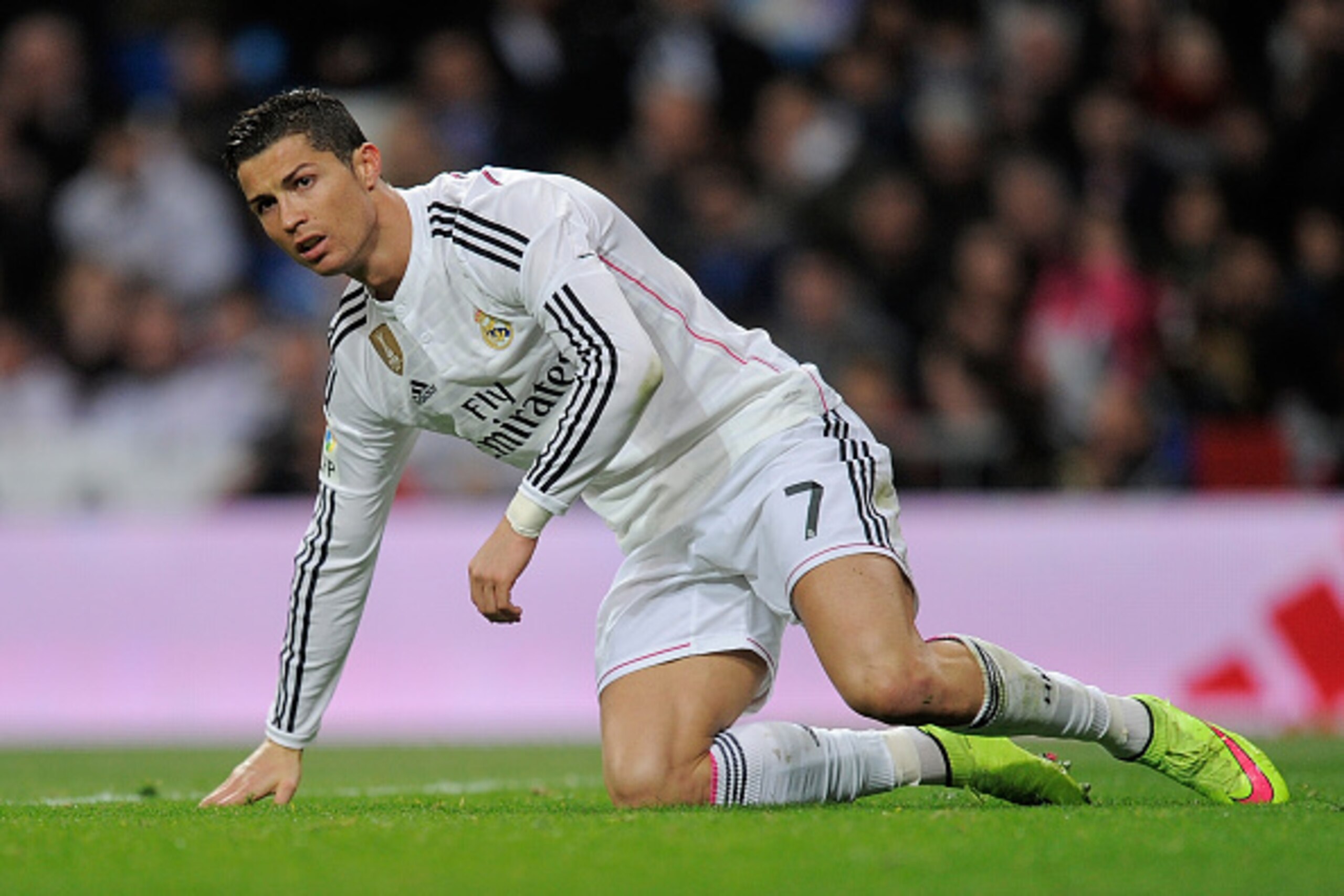 MADRID, SPAIN - MARCH 15:  Cristiano Ronaldo of Real Madrid gets up during the La Liga match between Real Madrid CF and Levante UD at Estadio Santiago Bernabeu on March 15, 2015 in Madrid, Spain.  (Photo by Denis Doyle/Getty Images)