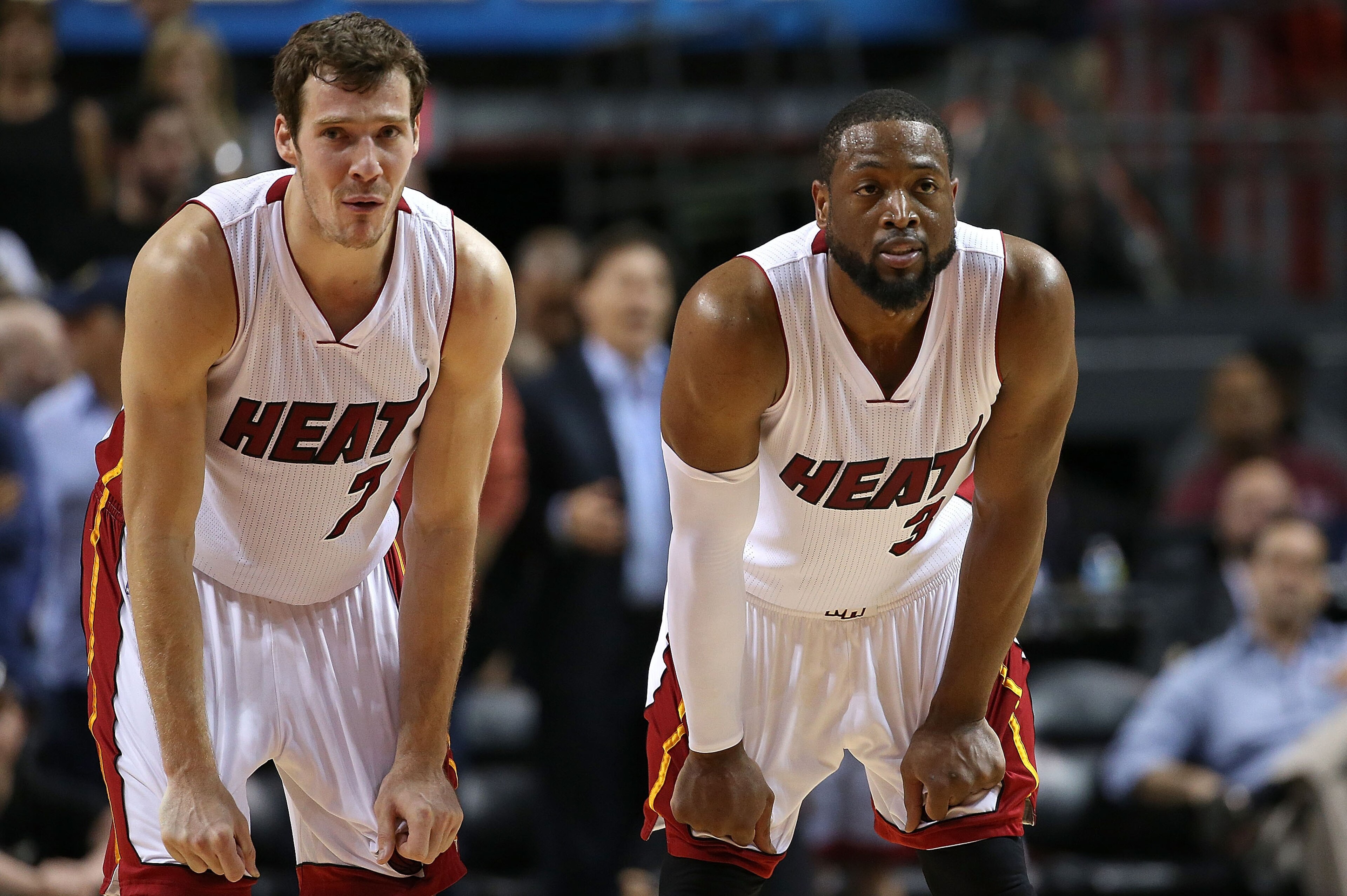 MIAMI, FL - MARCH 16: Goran Dragic #7 and Dwyane Wade #3 of the Miami Heat talk during a game against the Cleveland Cavaliers at American Airlines Arena on March 16, 2015 in Miami, Florida. NOTE TO USER: User expressly acknowledges and agrees that, by dow MIAMI, FL - MARCH 16: Goran Dragic #7 and Dwyane Wade #3 of the Miami Heat talk during a game against the Cleveland Cavaliers at American Airlines Arena on March 16, 2015 in Miami, Florida. NOTE TO USER: User expressly acknowledges and agrees that, by dow