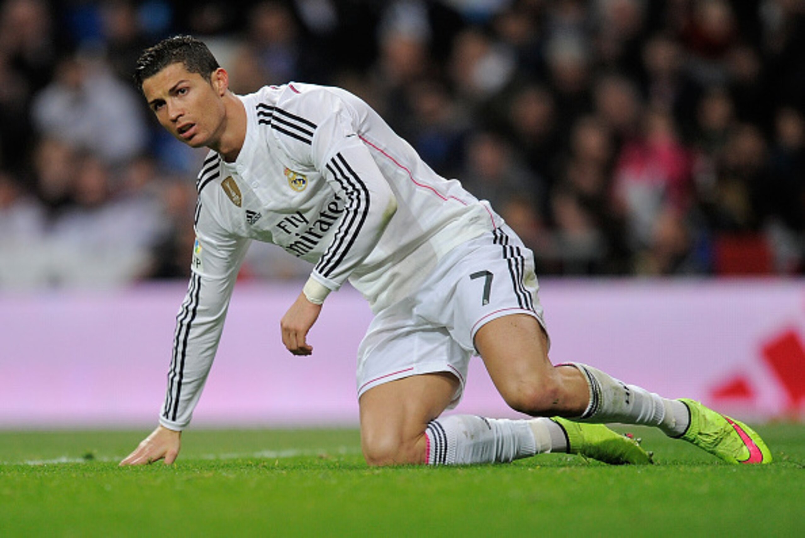 MADRID, SPAIN - MARCH 15:  Cristiano Ronaldo of Real Madrid gets up during the La Liga match between Real Madrid CF and Levante UD at Estadio Santiago Bernabeu on March 15, 2015 in Madrid, Spain.  (Photo by Denis Doyle/Getty Images)