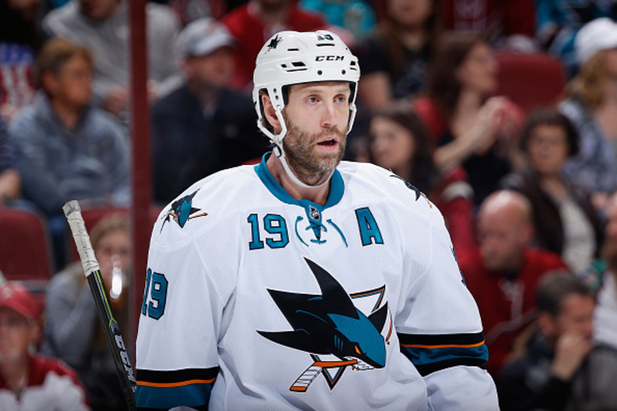 GLENDALE, AZ - FEBRUARY 13:  Joe Thornton #19 of the San Jose Sharks during the NHL game against the Arizona Coyotes at Gila River Arena on February 13, 2015 in Glendale, Arizona.  The Sharks defeated the Coyotes 4-2.  (Photo by Christian Petersen/Getty I
