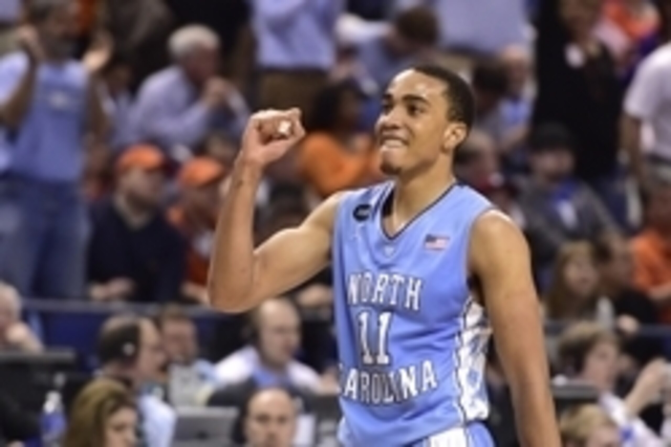 Mar 12, 2015; Greensboro, NC, USA; North Carolina Tar Heels forward Brice Johnson (11) reacts at the end of the game. the Tar Heels defeated the Cardinals 70-60 in the quarter finals of the ACC Tournament at Greensboro Coliseum. Mandatory Credit: Bob Donn