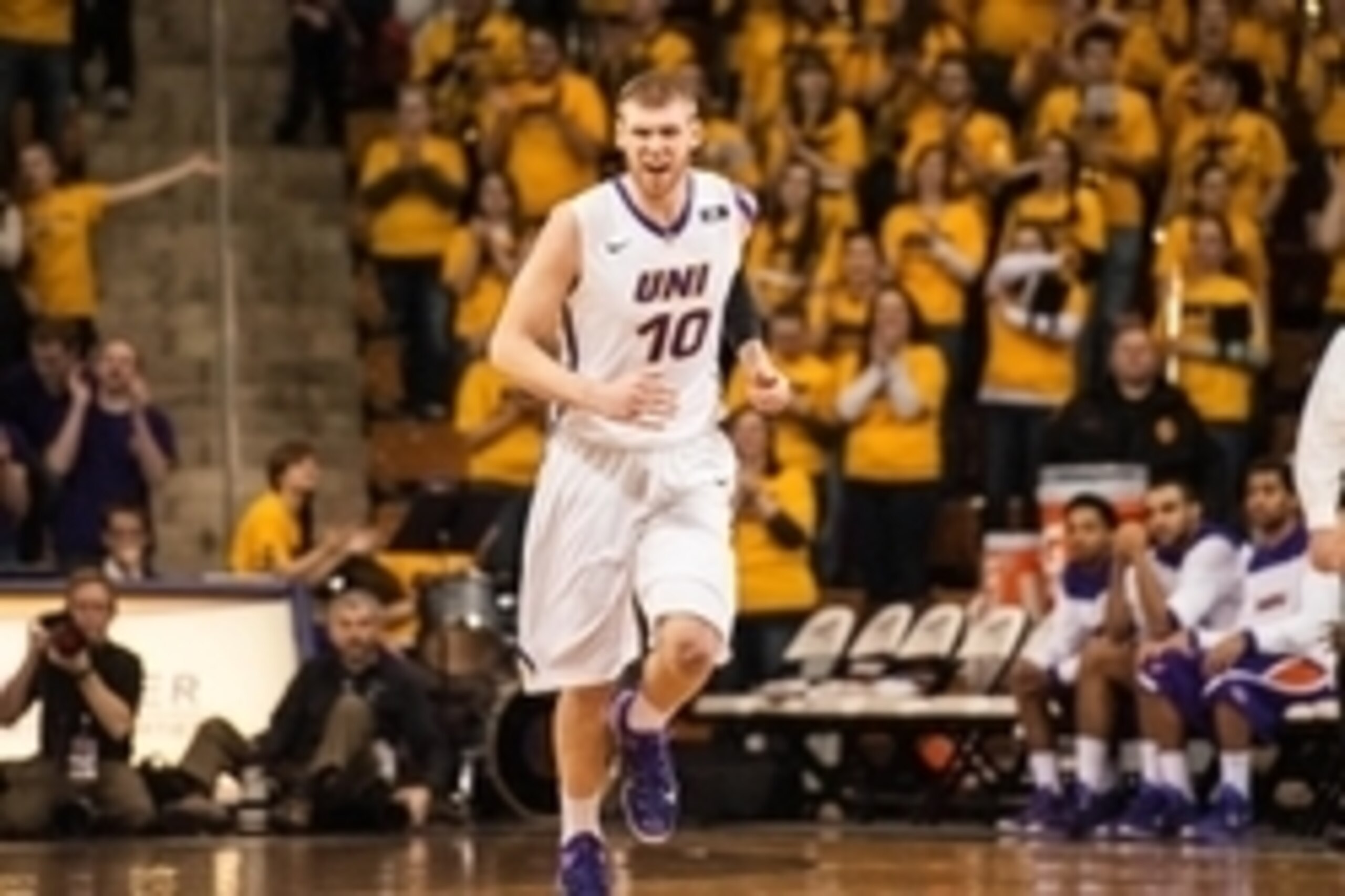 Feb 25, 2015; Cedar Falls, IA, USA; Northern Iowa Panthers forward Seth Tuttle (10) celebrates a score against the Evansville Purple Aces during the first half at McLeod Center. Mandatory Credit: Jeffrey Becker-USA TODAY Sports