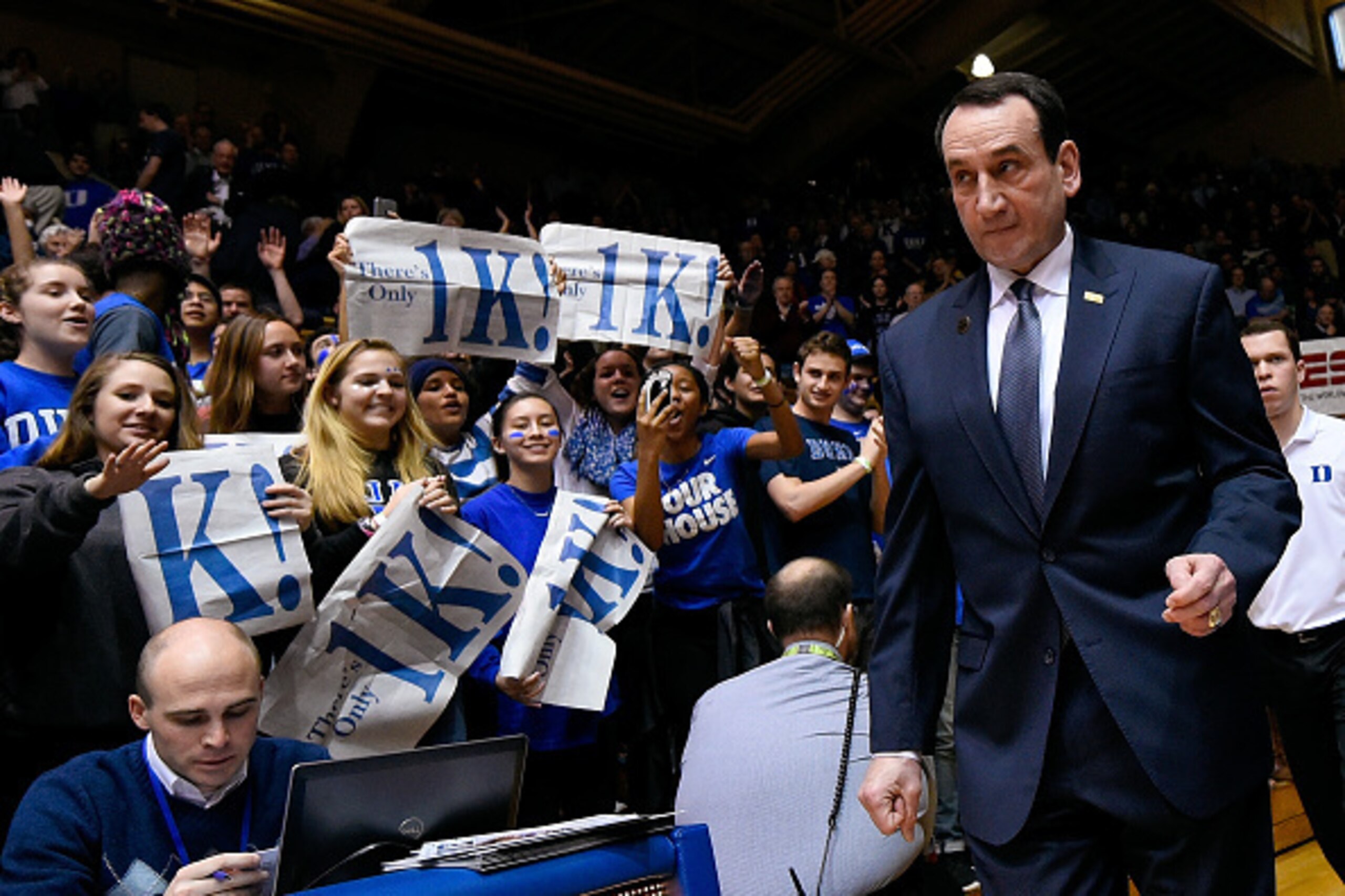 DURHAM, NC - FEBRUARY 04: Fans cheers as head coach Mike Krzyzewski of the Duke Blue Devils takes the floor before a game against the Georgia Tech Yellow Jackets at Cameron Indoor Stadium on February 4, 2015 in Durham, North Carolina. (Photo by Grant Halv