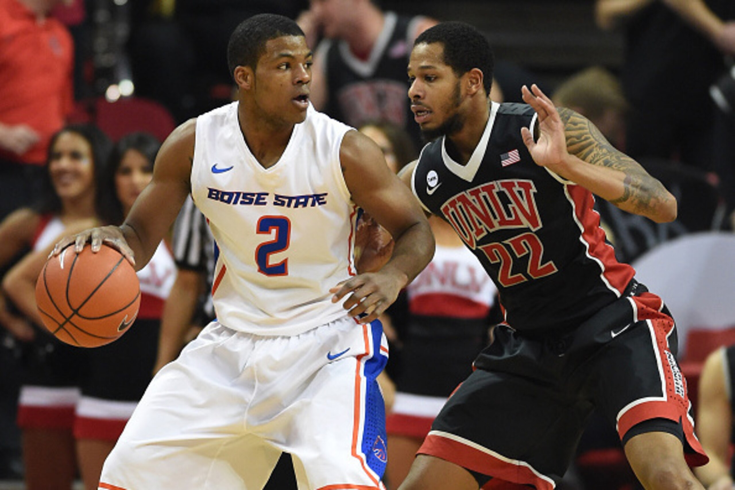 LAS VEGAS, NV - FEBRUARY 18:  Derrick Marks #2 of the Boise State Broncos is guarded by Jelan Kendrick #22 of the UNLV Rebels during their game at the Thomas & Mack Center on February 18, 2015 in Las Vegas, Nevada. Boise State won 53-48.  (Photo by Ethan 