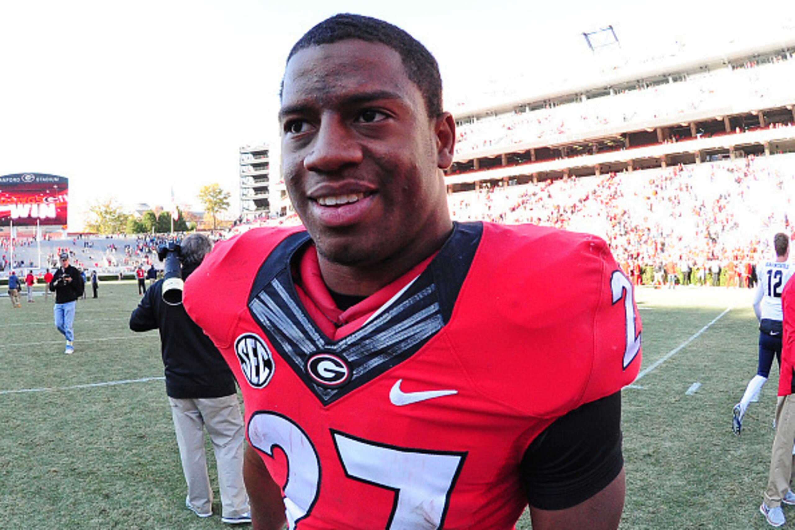 ATHENS, GA - NOVEMBER 22: Nick Chubb #27 of the Georgia Bulldogs heads off the field after the game against the Charleston Southern Buccaneers at Sanford Stadium on November 22, 2014 in Athens, Georgia. (Photo by Scott Cunningham/Getty Images)