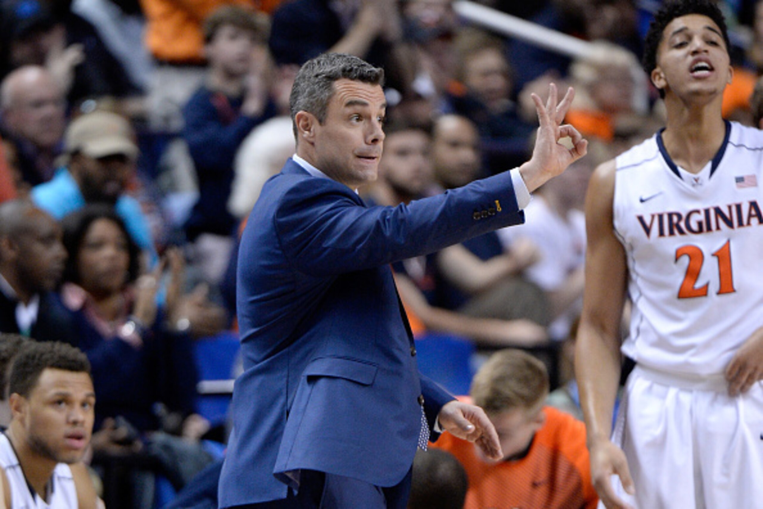 GREENSBORO, NC - MARCH 13: Head coach Tony Bennett of the Virginia Cavaliers calls out to his team against the North Carolina Tar Heels during the semifinals of the 2015 ACC Basketball Tournament at Greensboro Coliseum on March 13, 2015 in Greensboro, No GREENSBORO, NC - MARCH 13: Head coach Tony Bennett of the Virginia Cavaliers calls out to his team against the North Carolina Tar Heels during the semifinals of the 2015 ACC Basketball Tournament at Greensboro Coliseum on March 13, 2015 in Greensboro, No