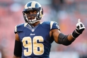Aug 23, 2014; Cleveland, OH, USA; St. Louis Rams defensive end Michael Sam (96) during warm ups before the game against the St. Louis Rams at FirstEnergy Stadium. Mandatory Credit: Rick Osentoski-USA TODAY Sports