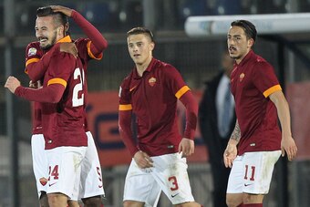 LATINA, ITALY - MARCH 17:  Tomas Vestenicky #24 with his teammates of AS Roma celebrates after scoring the opening goal during the UEFA Youth League Quarter Final match between AS Roma and Manchester City on March 17, 2015 in Latina, Italy.  (Photo by Pao