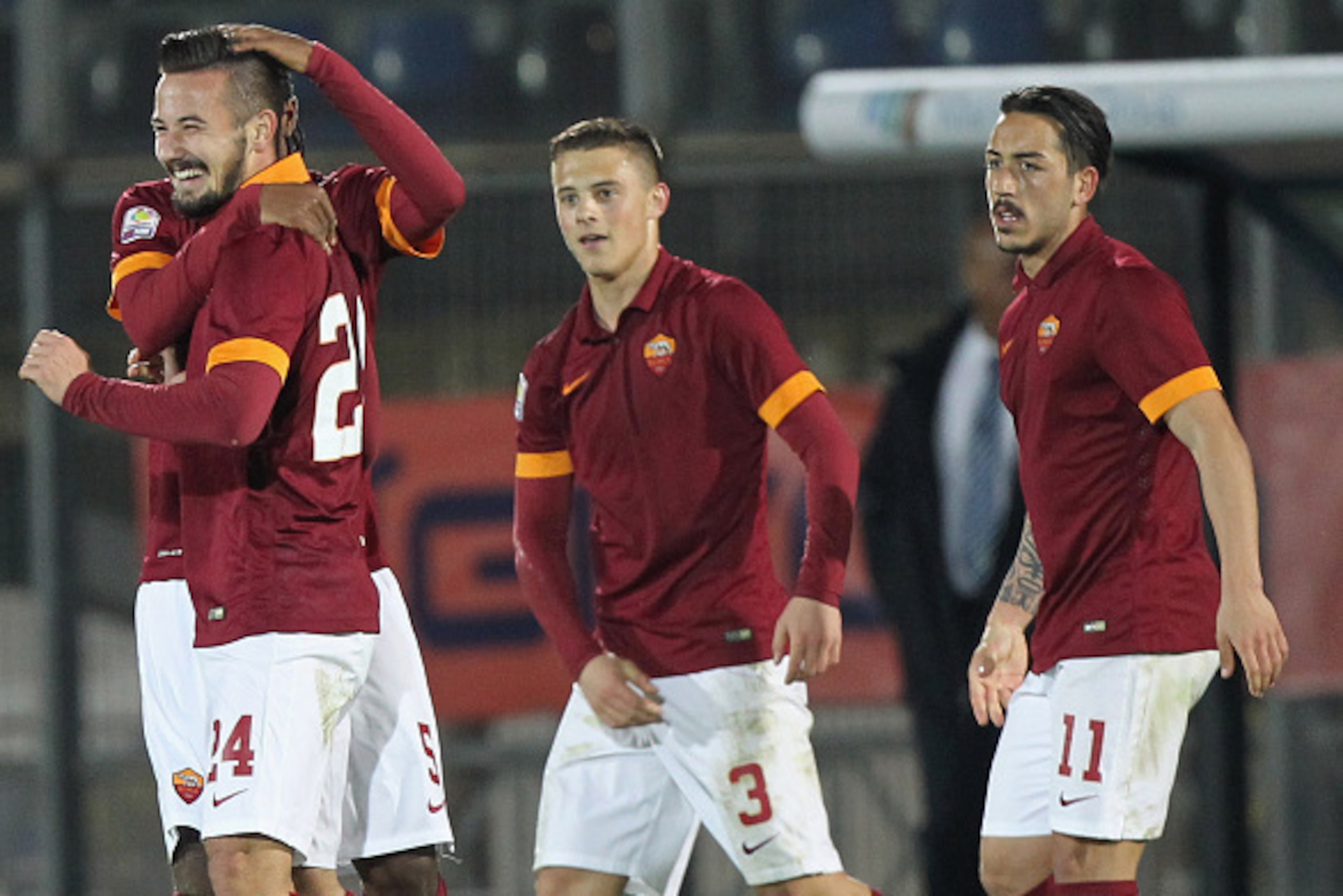 LATINA, ITALY - MARCH 17:  Tomas Vestenicky #24 with his teammates of AS Roma celebrates after scoring the opening goal during the UEFA Youth League Quarter Final match between AS Roma and Manchester City on March 17, 2015 in Latina, Italy.  (Photo by Pao
